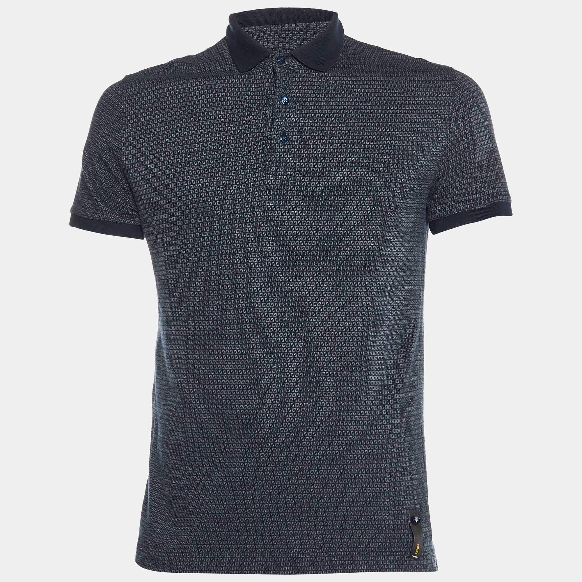 Pre Owned Fendi Blue FF Monogram Patterned Cotton Knit Polo T-Shirt M