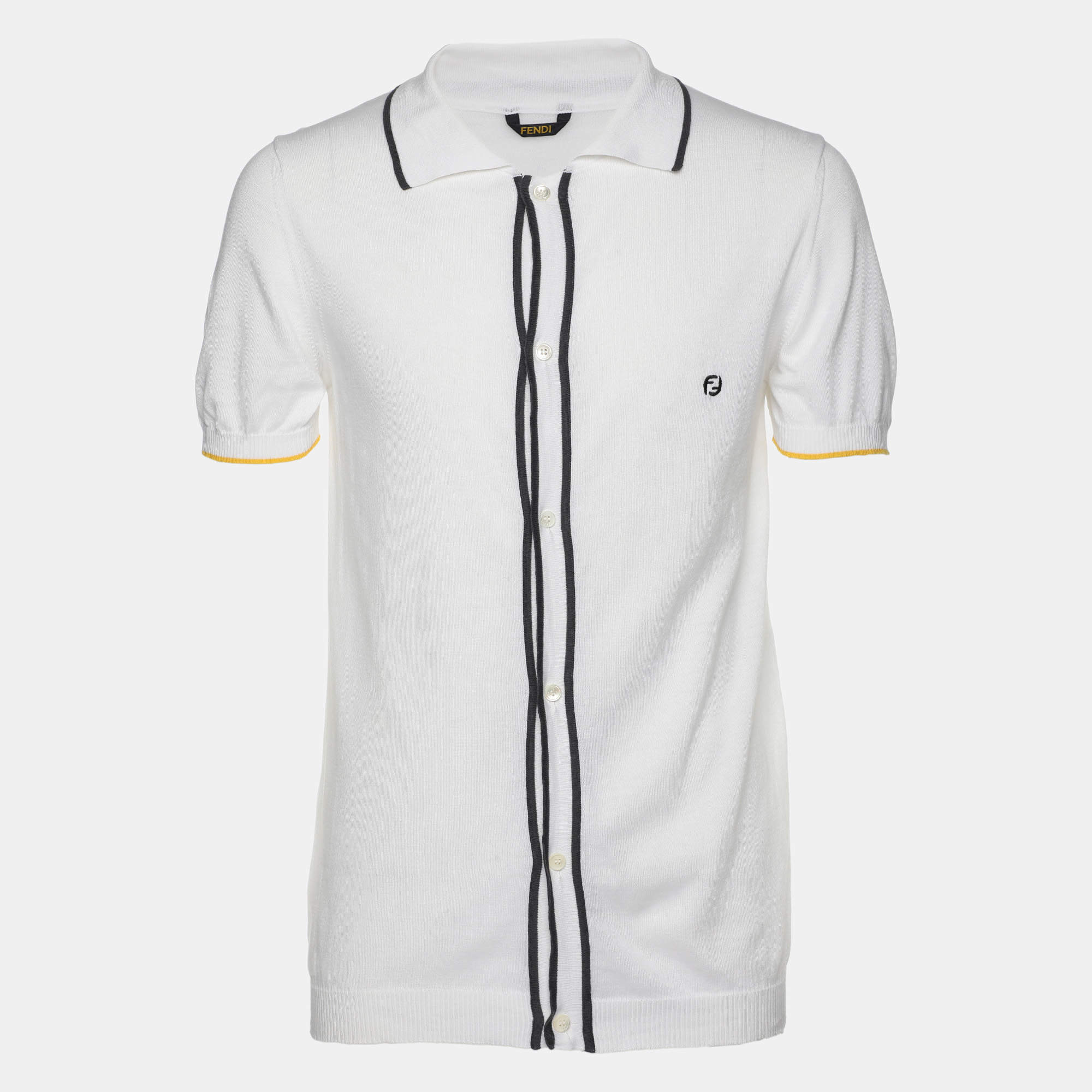 Fendi White Cotton Knit Front Button T-Shirt M