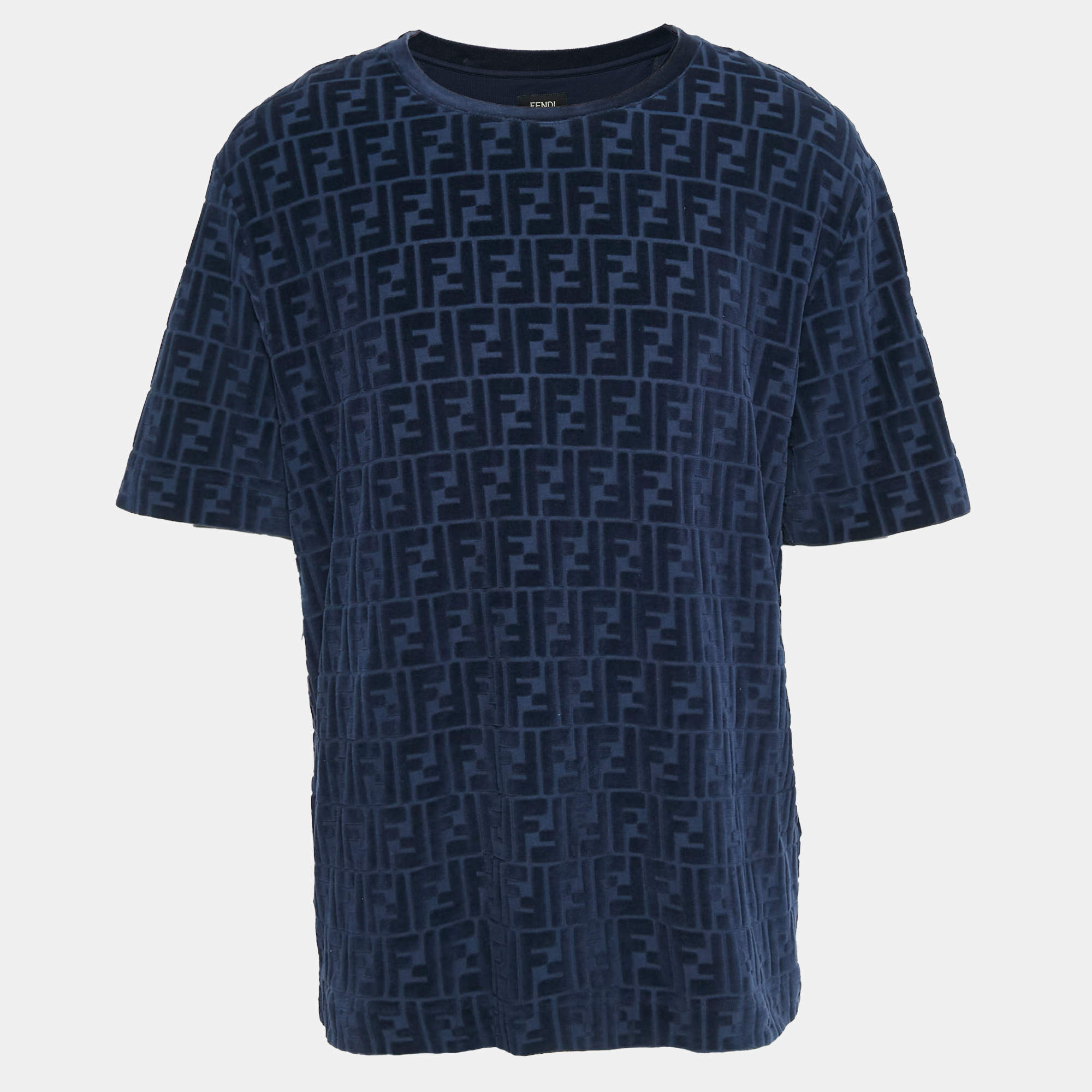 مملوكة مسبقًا Fendi Navy Blue Zucca Flocked Jersey T-Shirt XL