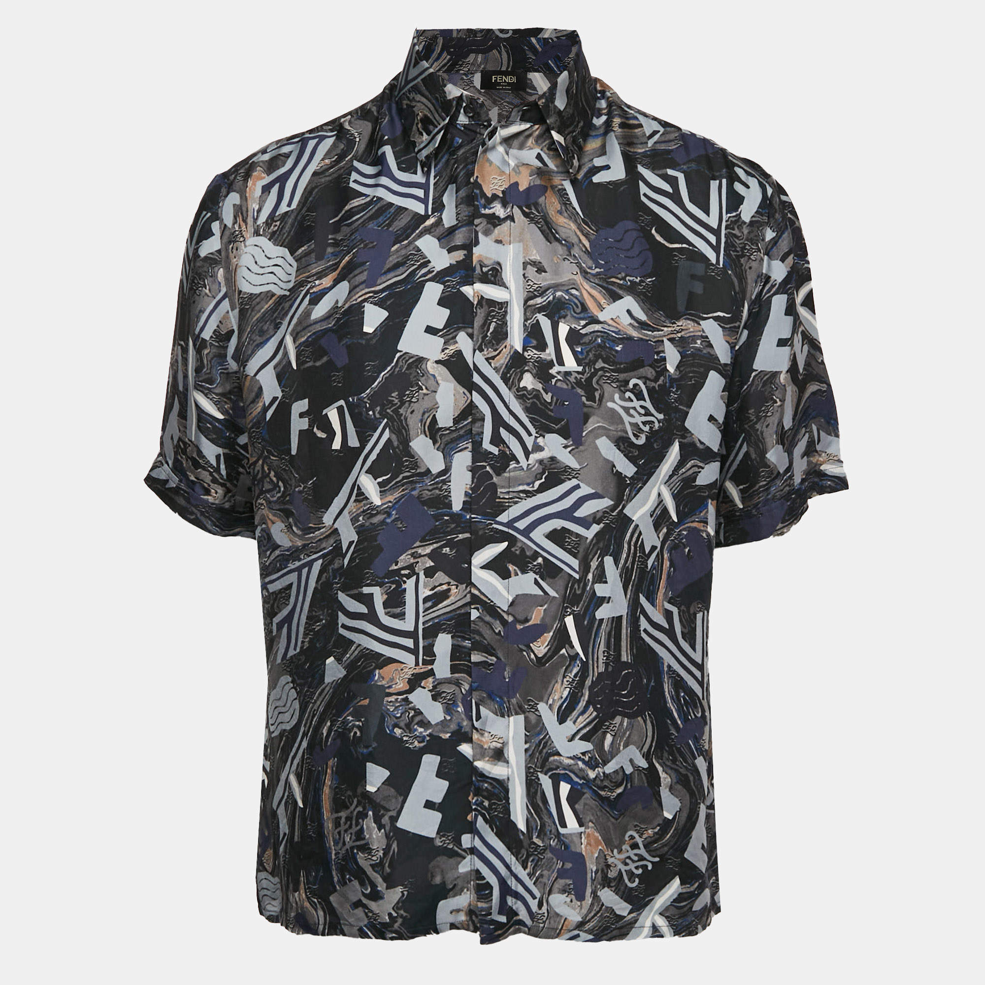 Fendi Blue Fragment Print Silk Short Sleeve Shirt M