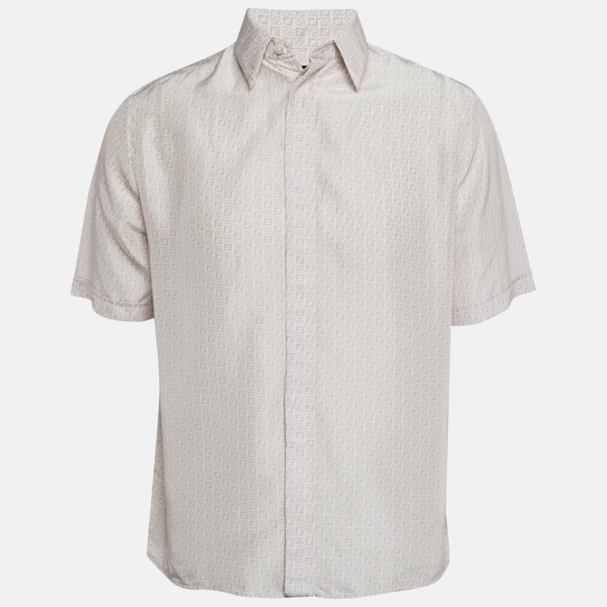 Pre Owned Fendi Light Purple Logo Print Silk Short Sleeve Shirt M