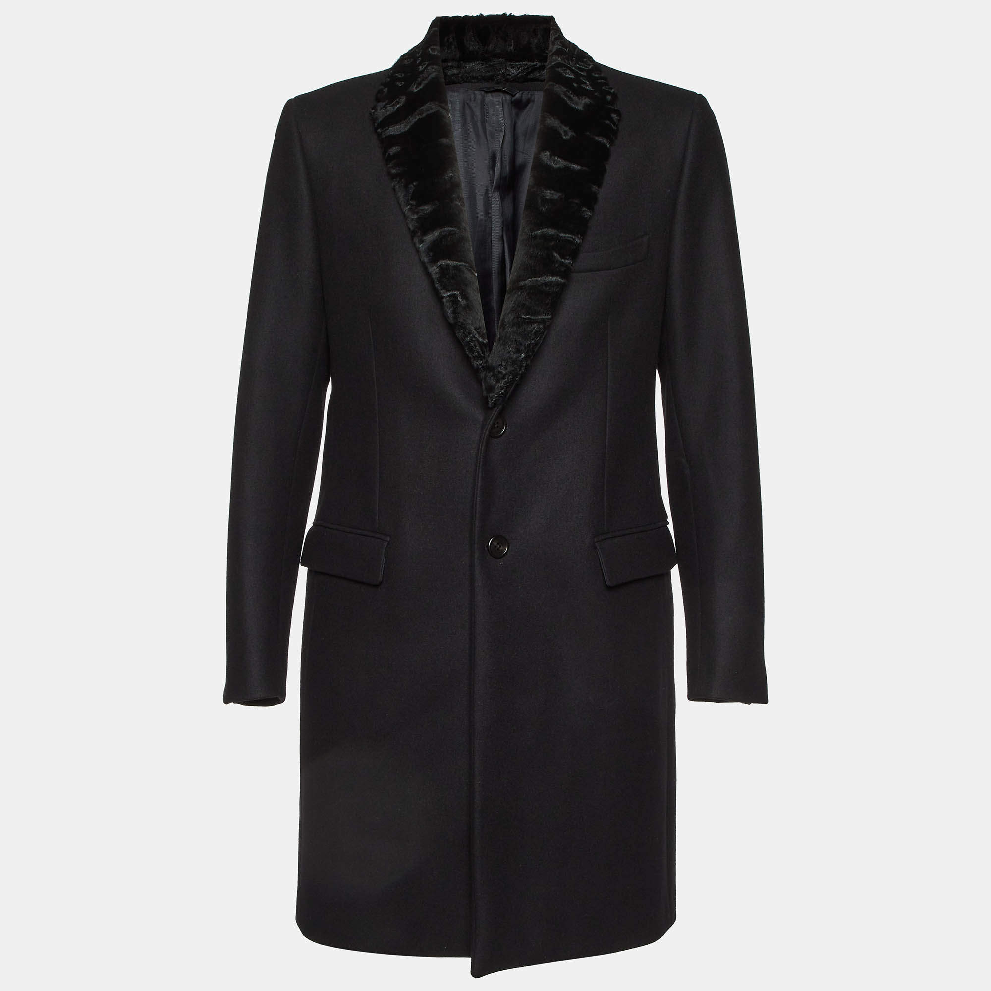 Pre Owned Fendi Black Wool Fur Collar Long Coat XXL