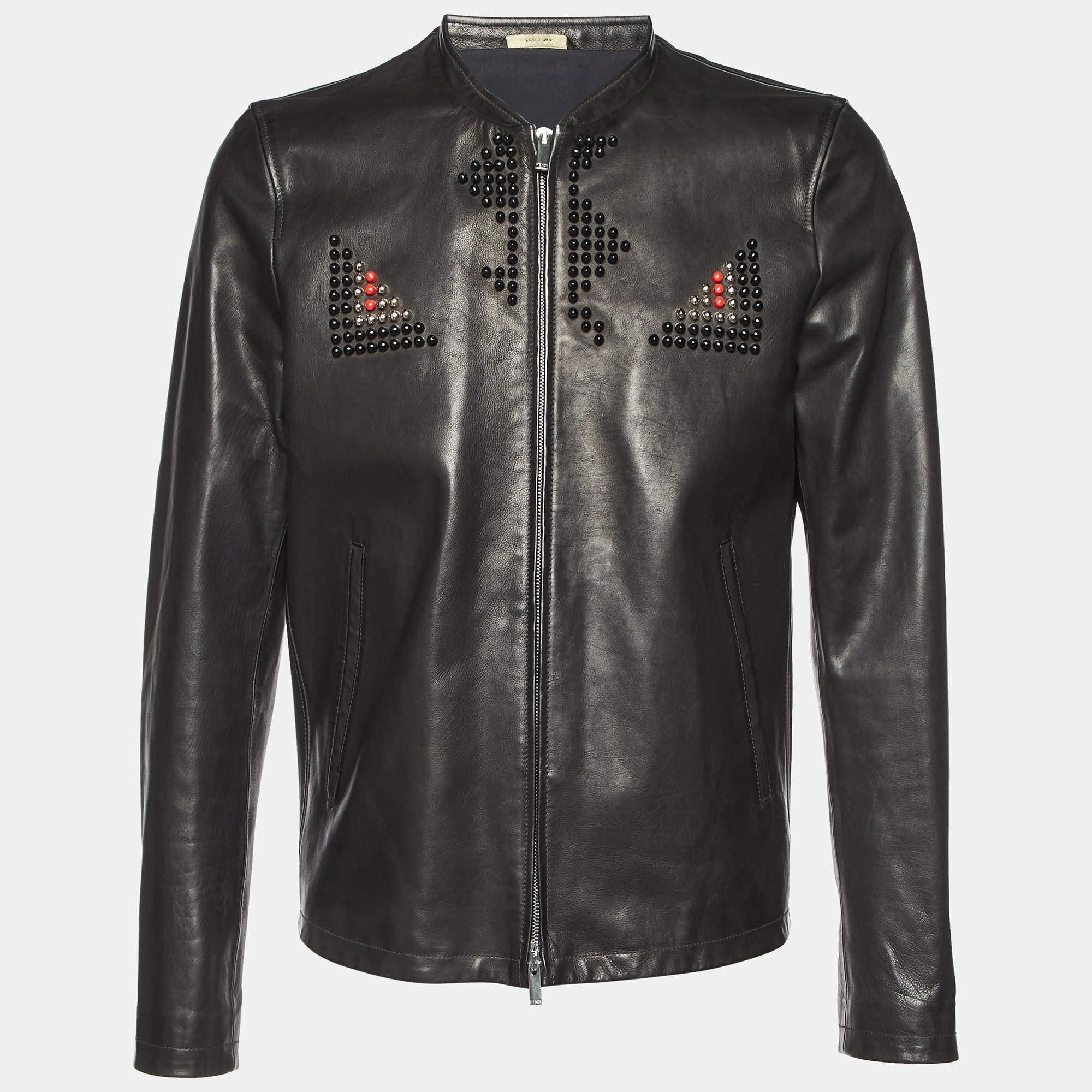 Fendi Black Leather Studded Biker Jacket L