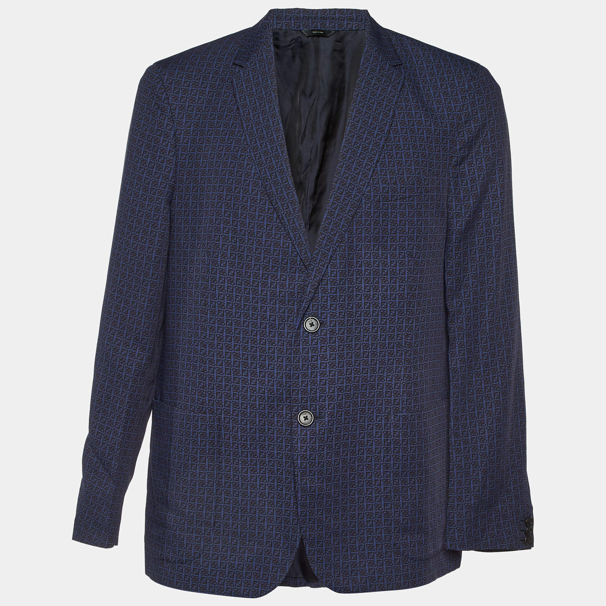 Pre Owned Fendi Blue Zucca Print Linen Blend Single Breasted Blazer XXL