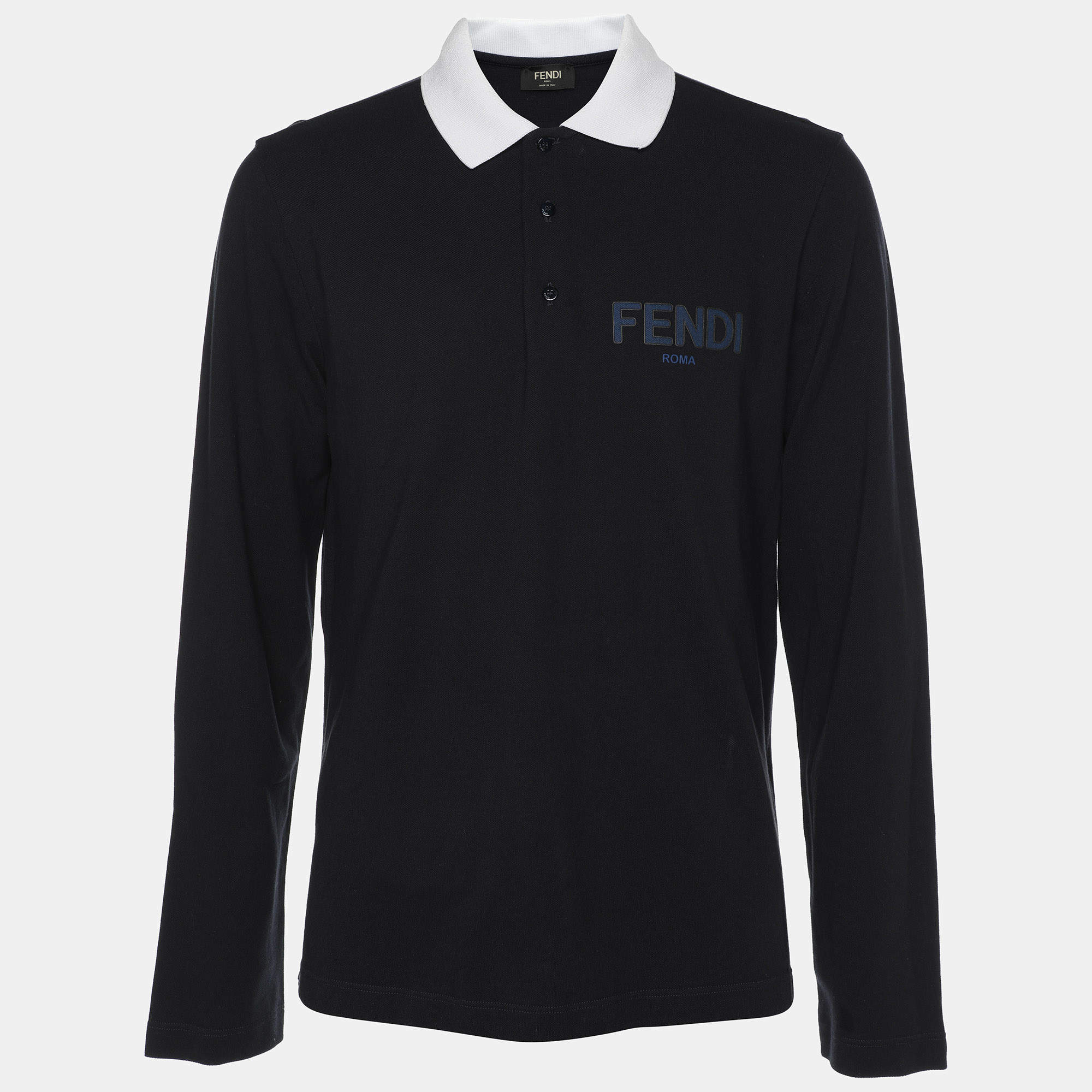 Pre Owned Fendi Navy Blue Cotton Knit Long Sleeve Polo Shirt M