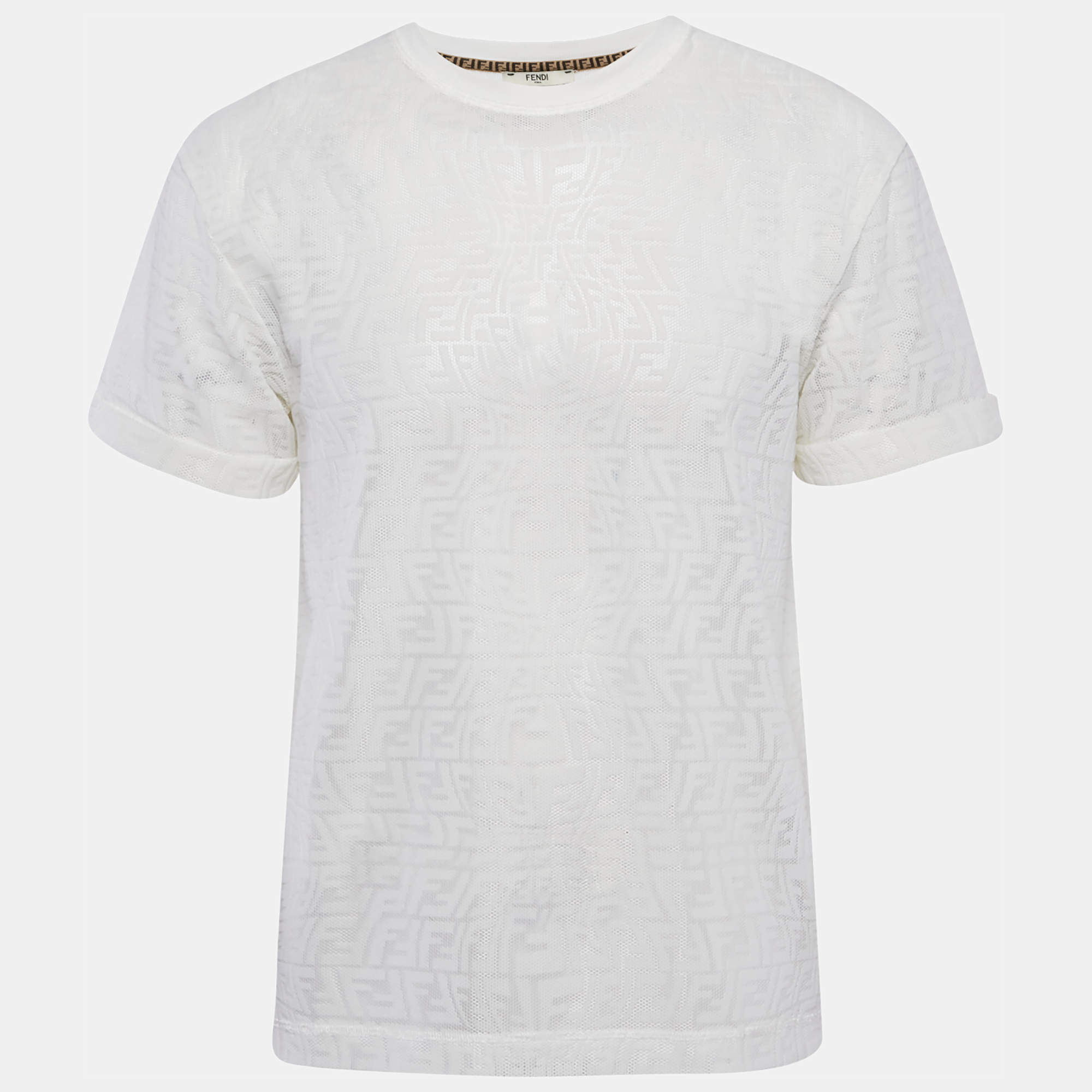Fendi White FF Patterned Stretch Knit Half Sleeve T-shirt XS