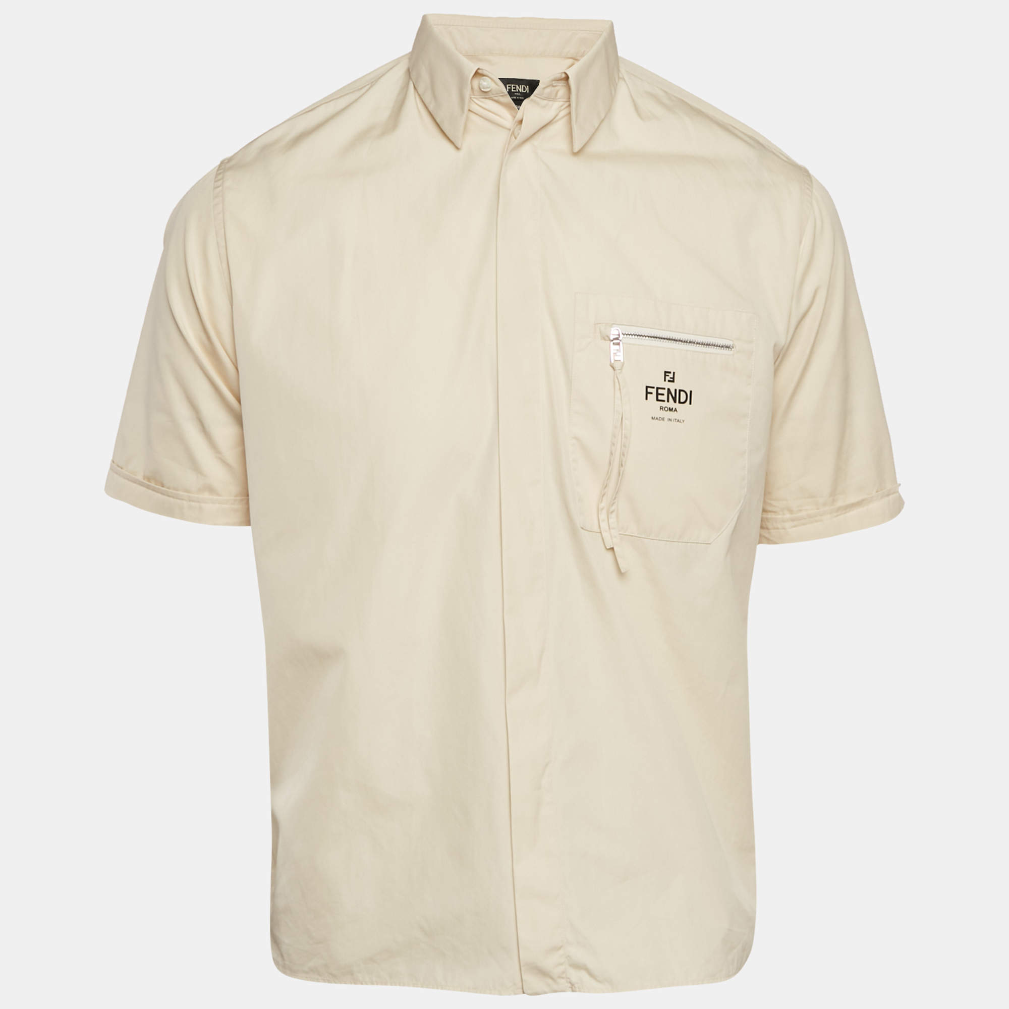 Pre Owned Fendi Beige Logo Print Cotton Zip-Detail Pocket Shirt S