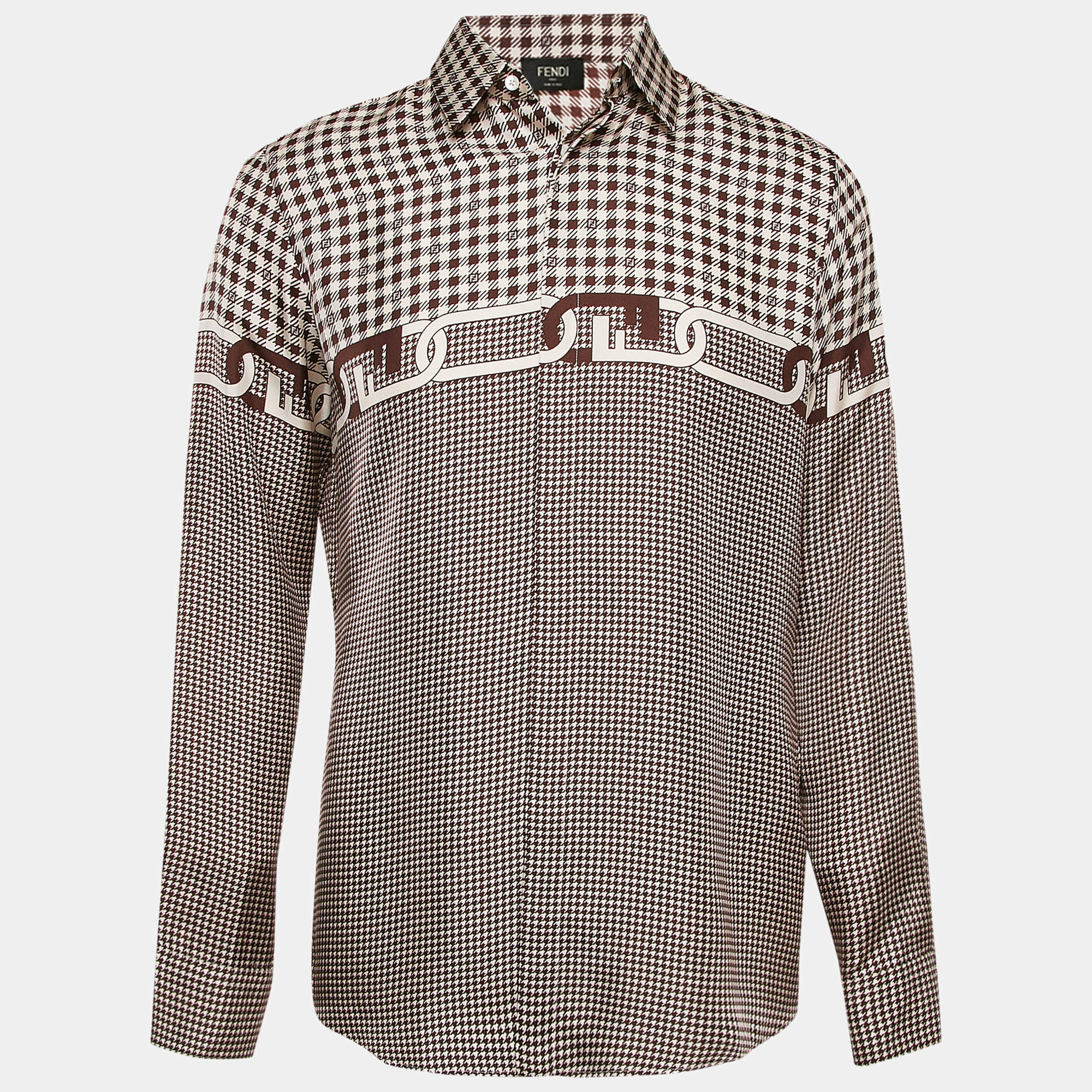 Fendi Brown Houndstooth Print Silk Button Front Shirt L