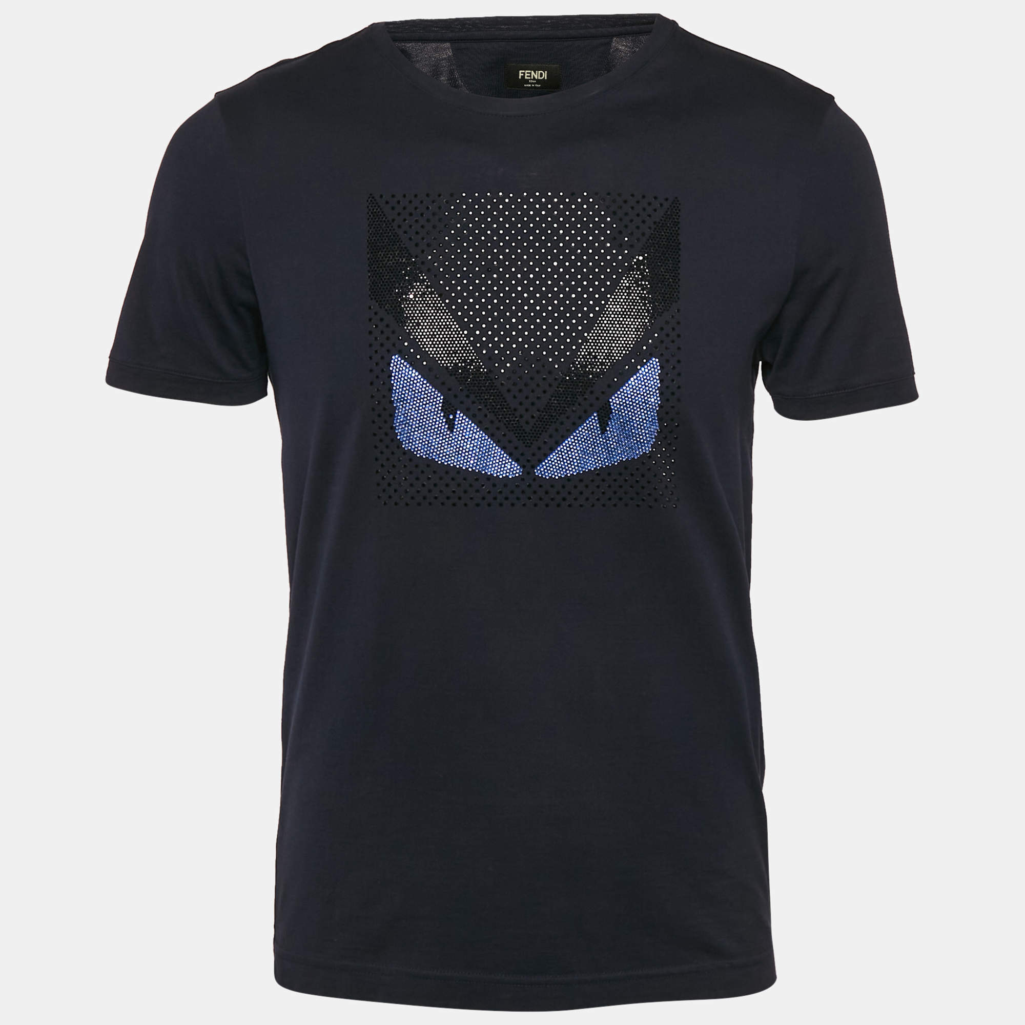 Pre Owned Fendi Navy Blue Crystal Monster Eyes Embellished Cotton T-Shirt M