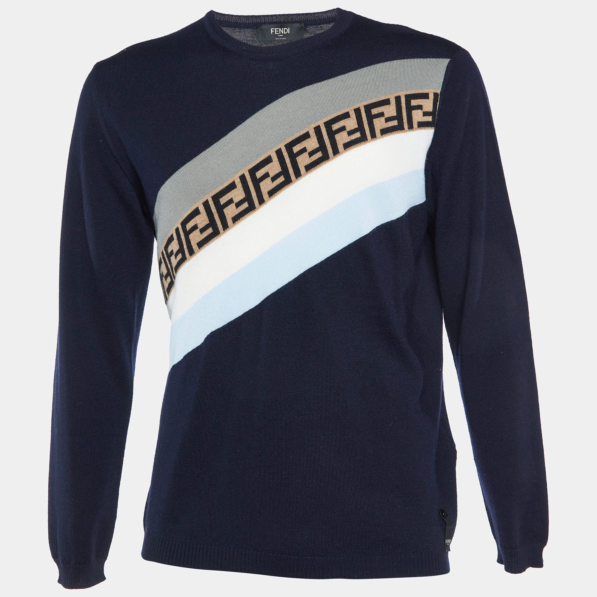 Fendi Navy Blue Wool Knit Monogram Pattern Detail Pullover L