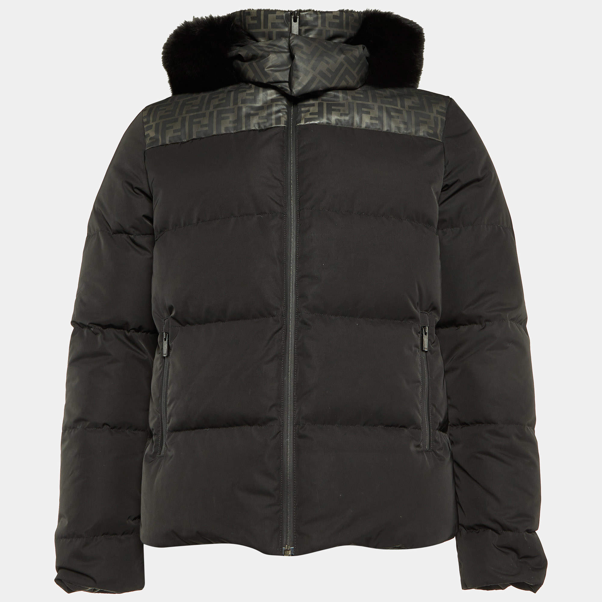 Fendi Black Zucca Print Synthetic Detachable Fur Hooded Down Jacket M