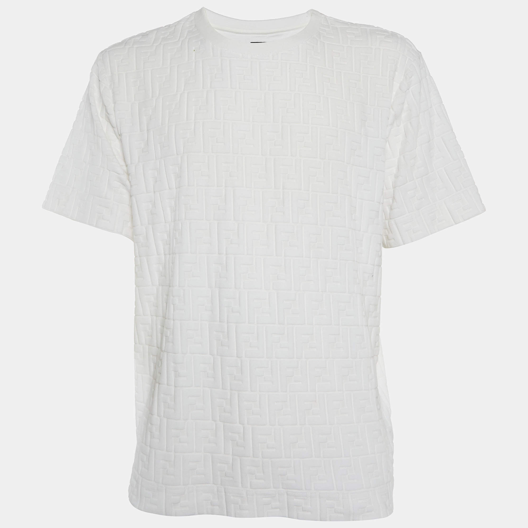 Pre Owned Fendi White Zucca Embossed Cotton Crew Neck T-Shirt L