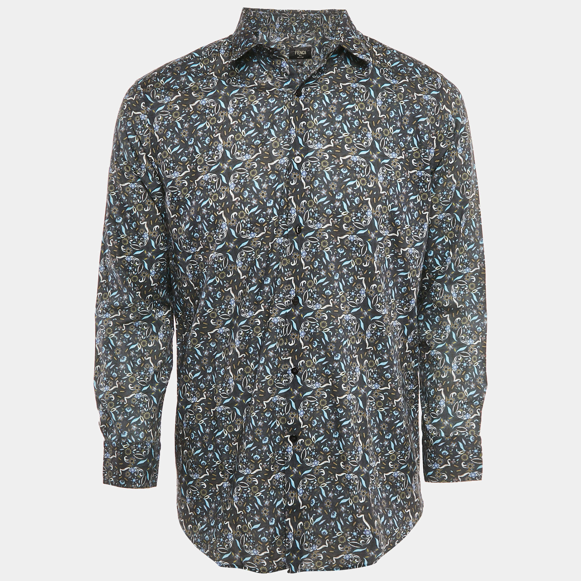 Pre Owned Fendi Navy Blue Floral Print Cotton Button Front Shirt L