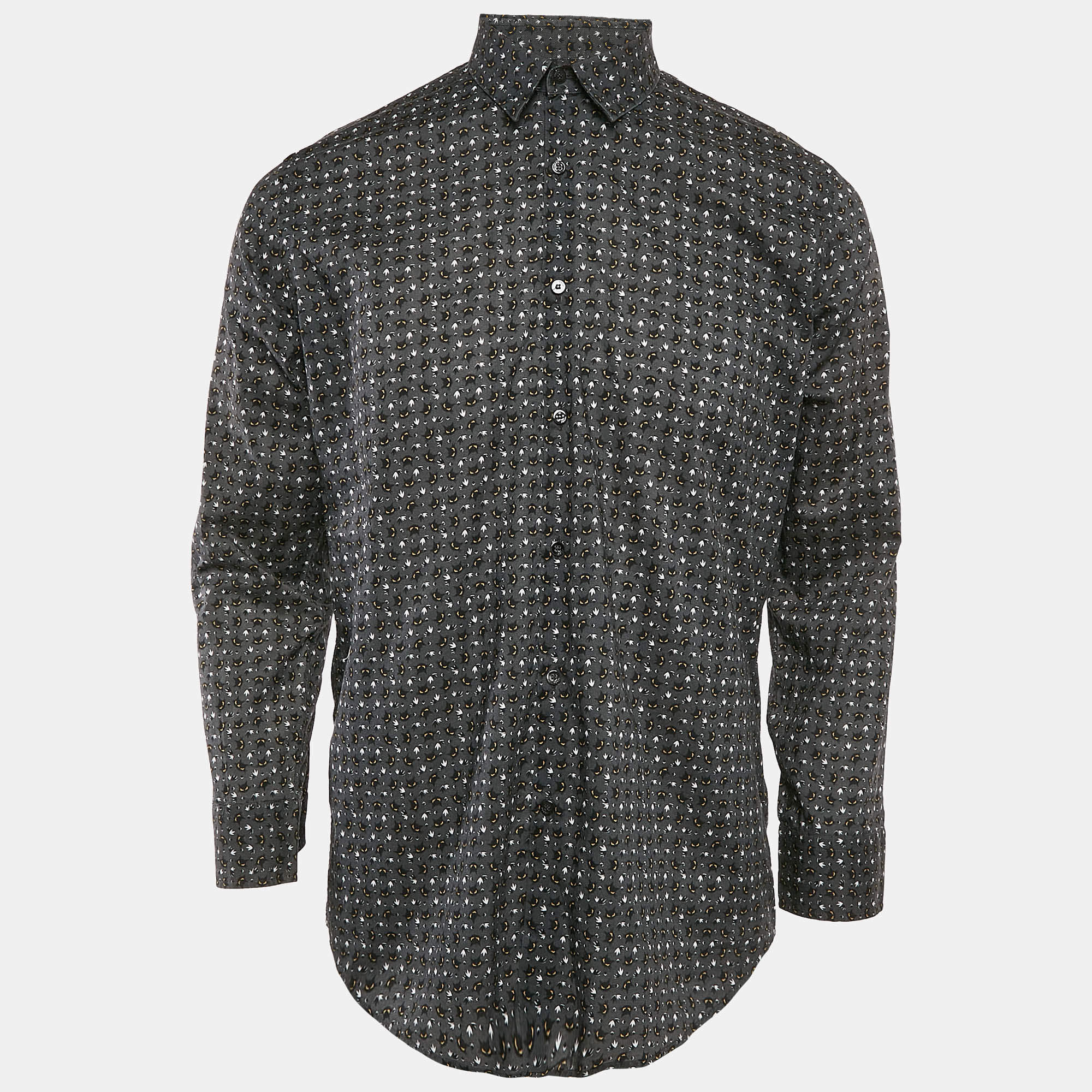 Fendi Charcoal Grey Cat Print Cotton Button Front Shirt L