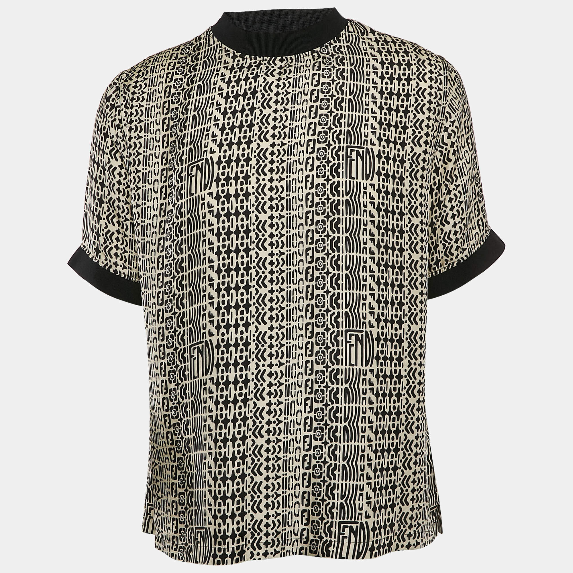 Fendi Black Printed Silk Crew Neck T-Shirt M