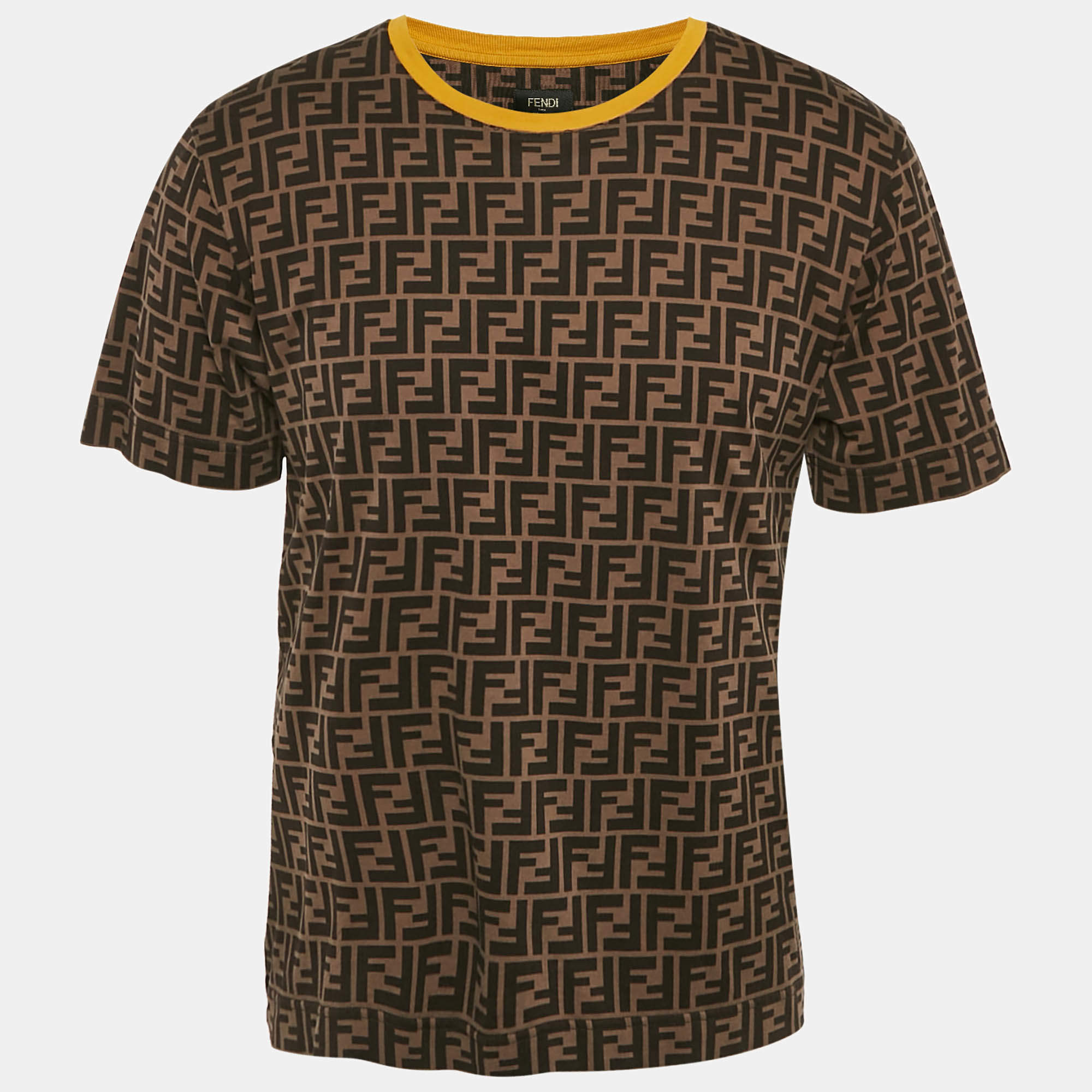 Pre Owned Fendi Brown FF Logo Print Cotton Crewneck T-Shirt M