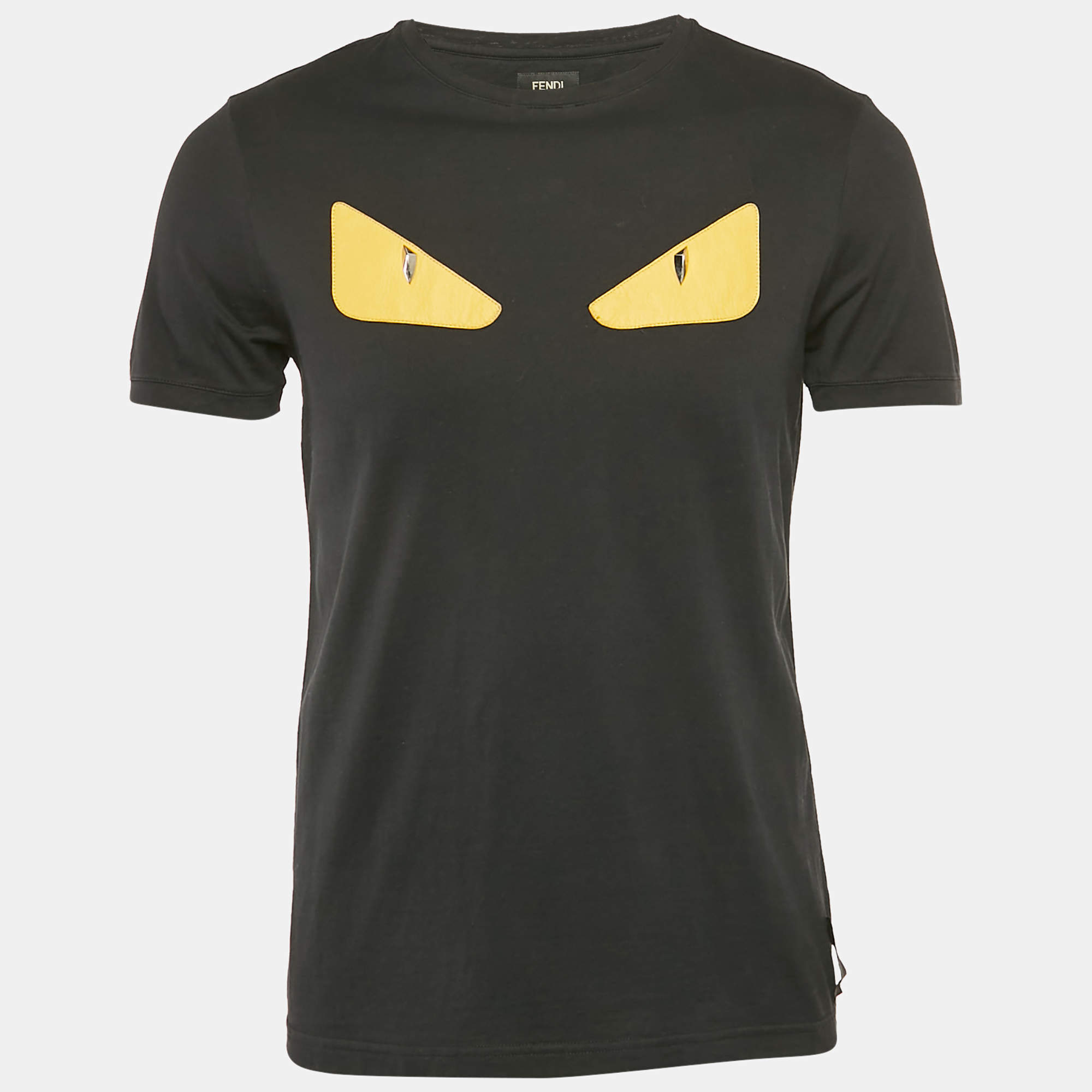 Pre Owned Fendi Black Cotton Monster Leather Applique Detail Crew Neck T-Shirt M