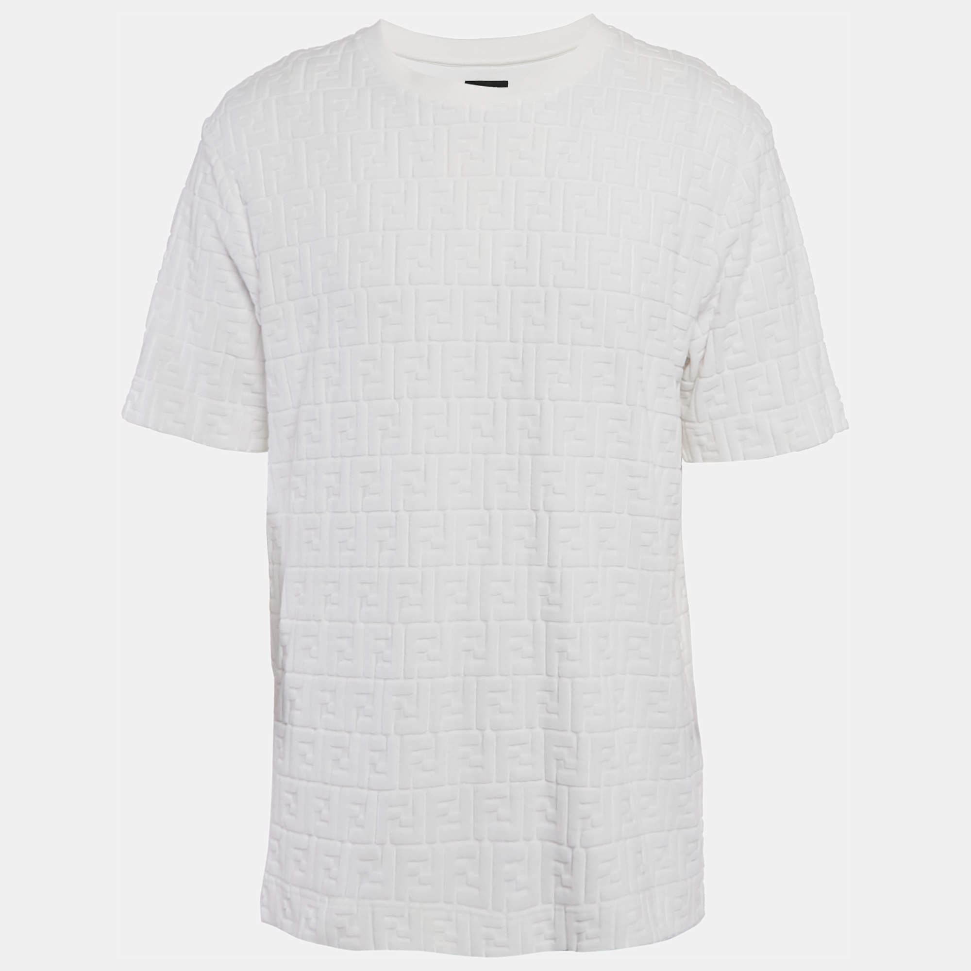 Pre Owned Fendi White Zucca Flocked Cotton Crewneck T-Shirt L