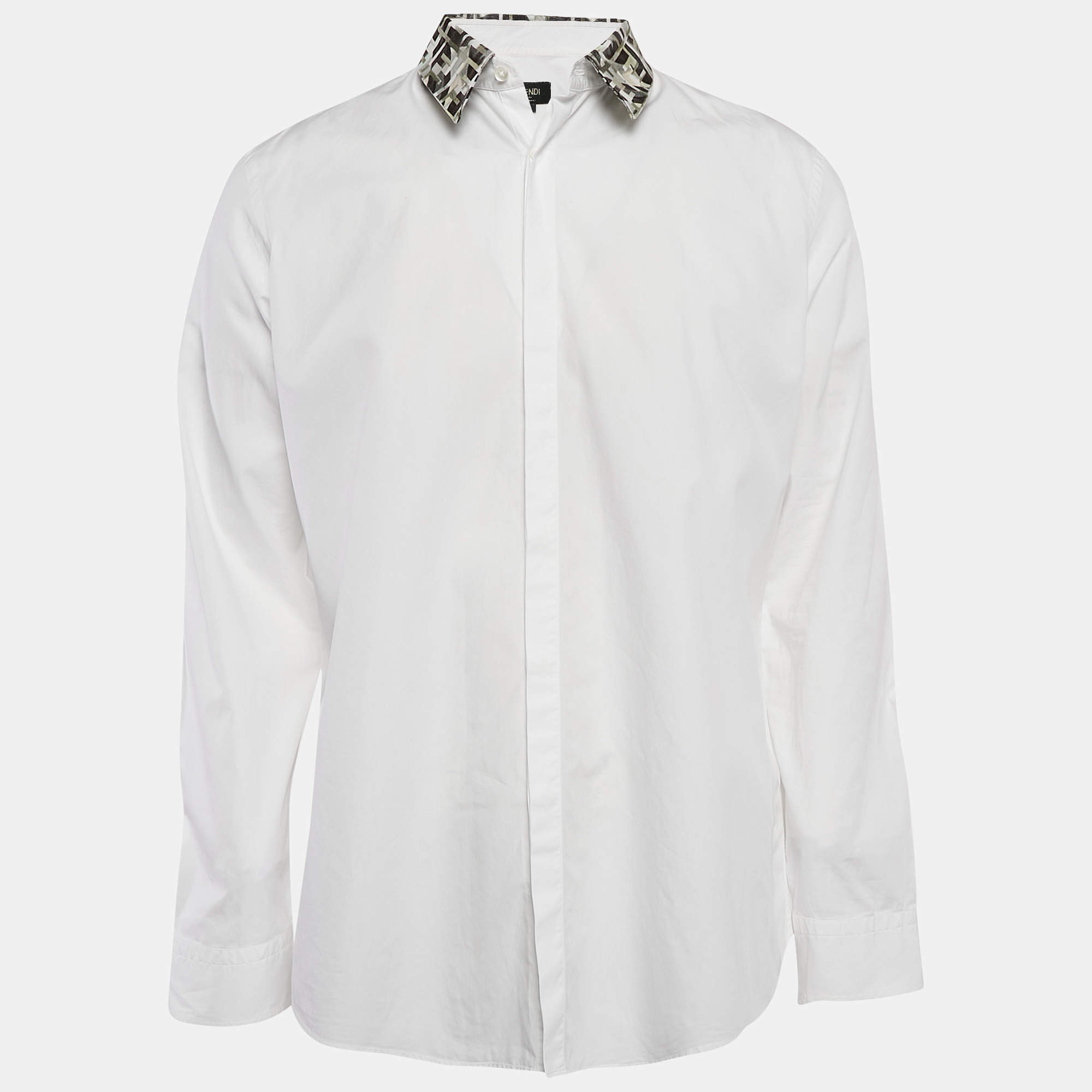 Fendi White FF Print Collar Cotton Long Sleeve Shirt XL