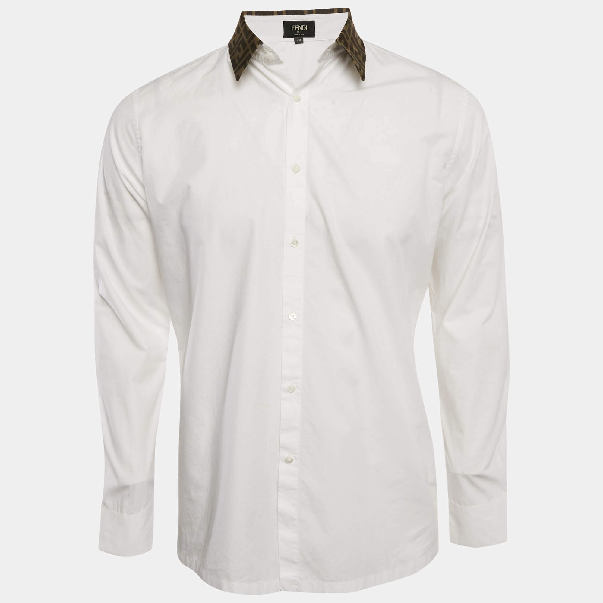 Fendi White FF Print Collar Cotton Long Sleeve Shirt L