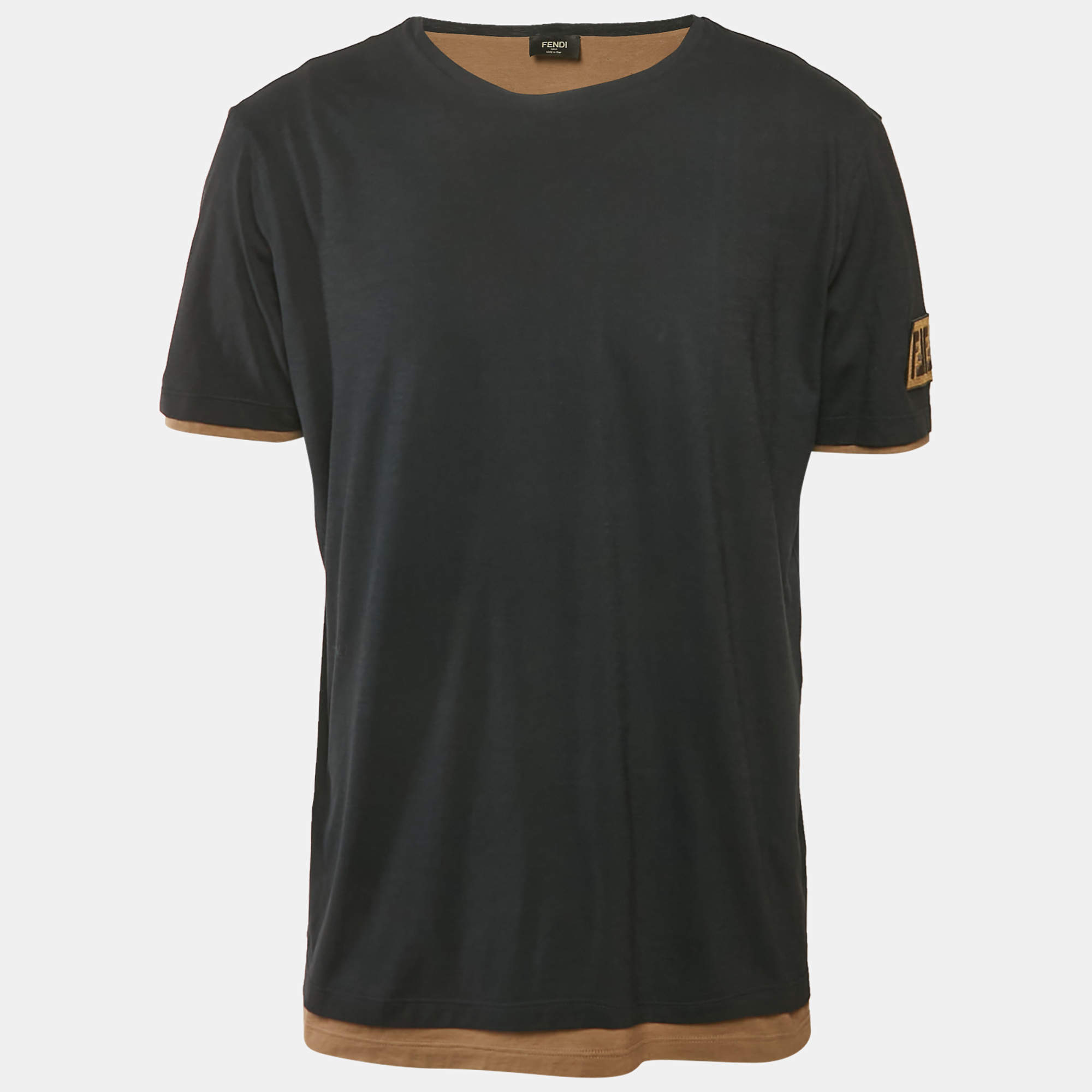 Fendi Black FF Sleeve Applique Jersey Layered T-Shirt L