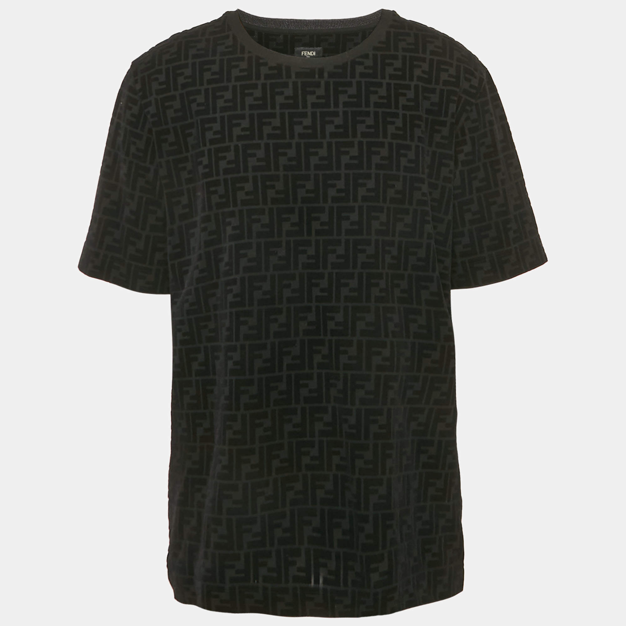 Pre Owned Fendi Black Zucca Flocked Jersey Crew Neck T-Shirt XL