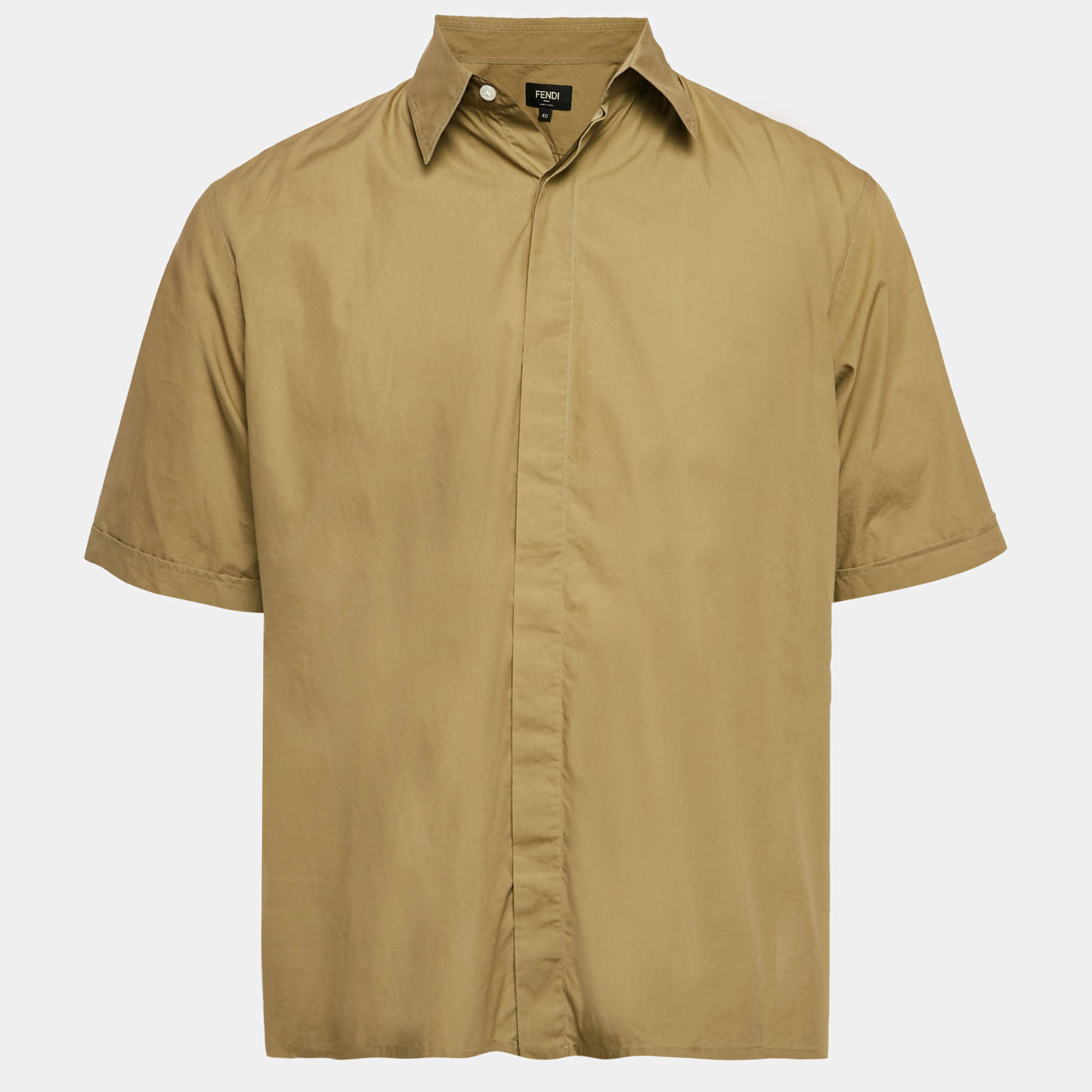 Pre Owned Fendi Olive Green Cotton Short Sleeve Shirt M