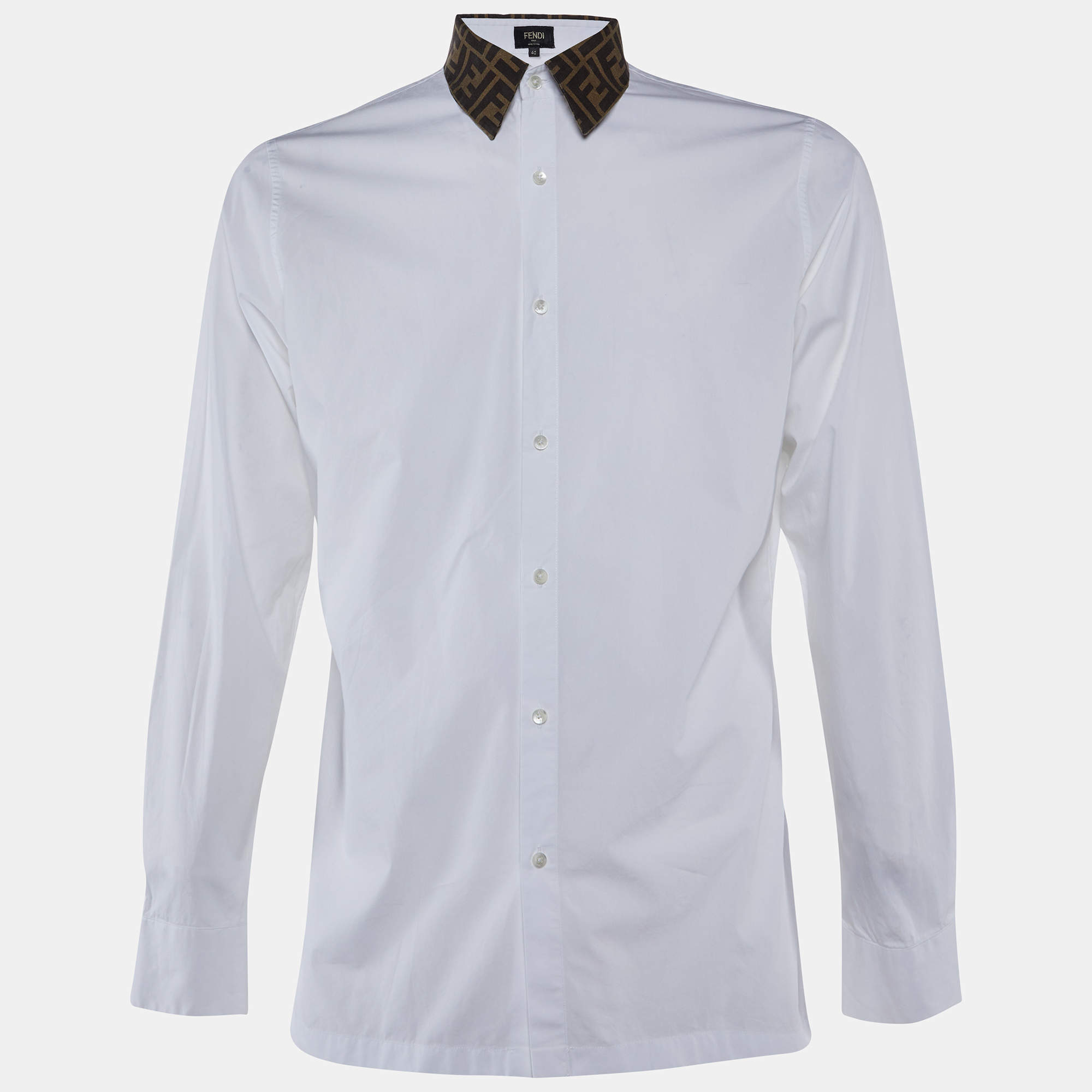 Pre Owned Fendi White Cotton FF Collar Slim Fit Shirt L 