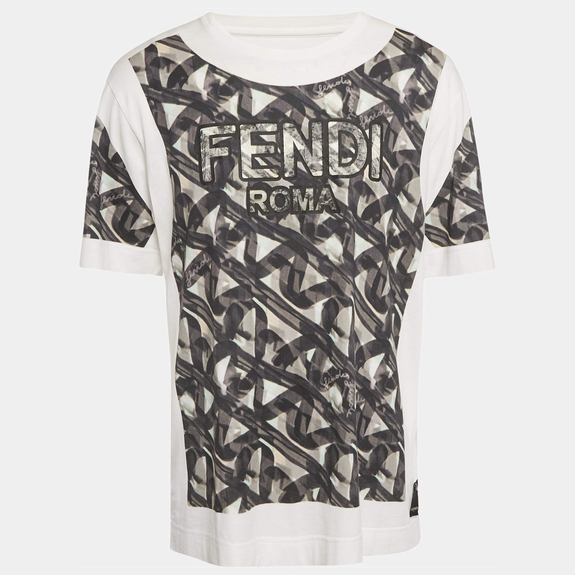 Pre Owned Fendi White Printed Jersey Crewneck T-Shirt L