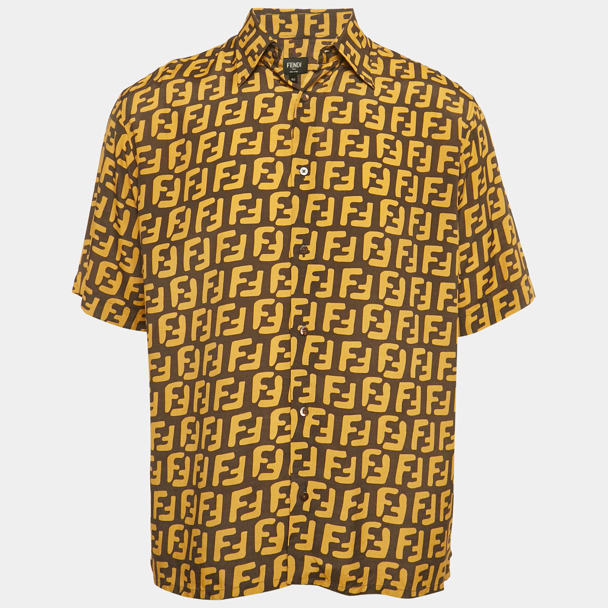 Pre Owned Fendi Dark Brown Allover Logo Print Synthetic Bowling Shirt M