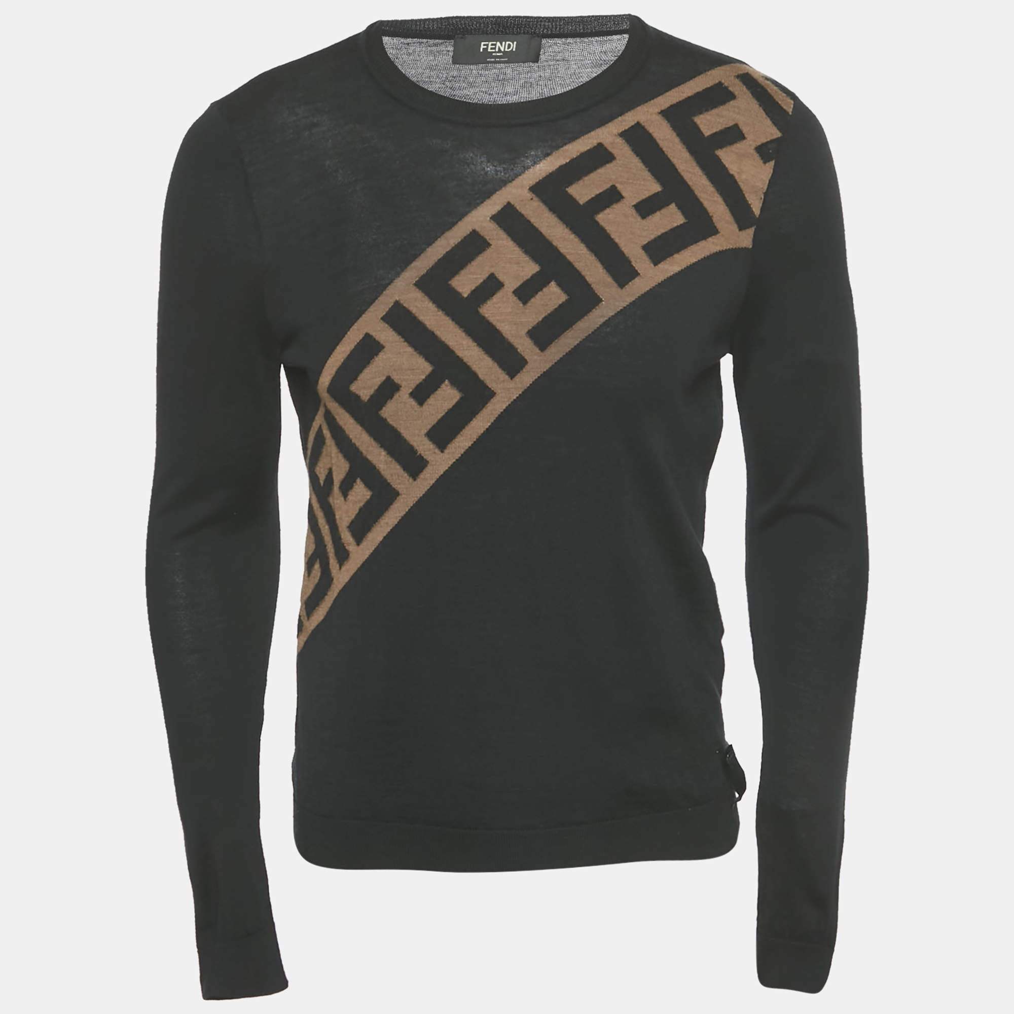 Pre Owned Fendi Black Zucca Intarsia Wool Knit Pullover S