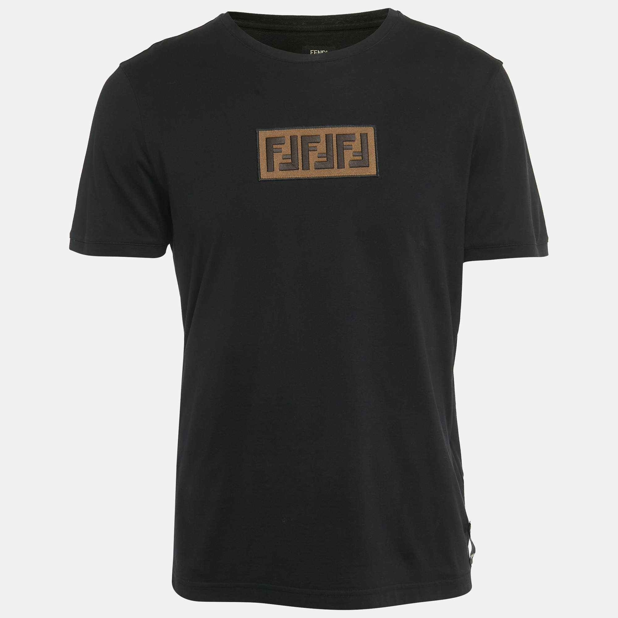 Pre Owned Fendi Black Zucca Applique Jersey T-Shirt L