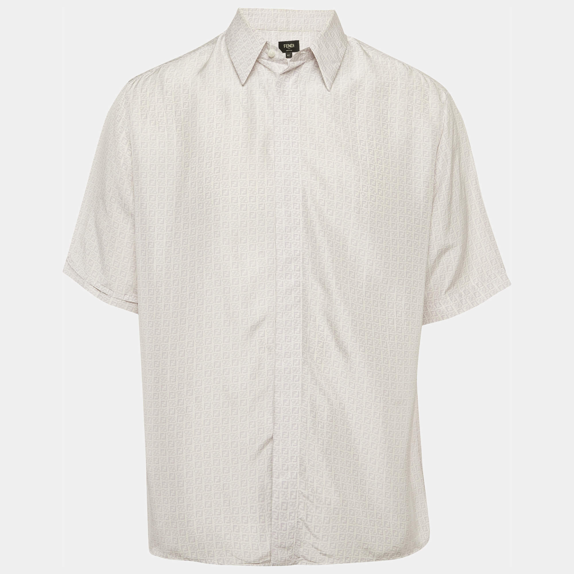 Pre Owned Fendi White Logo Print Silk Shirt XL