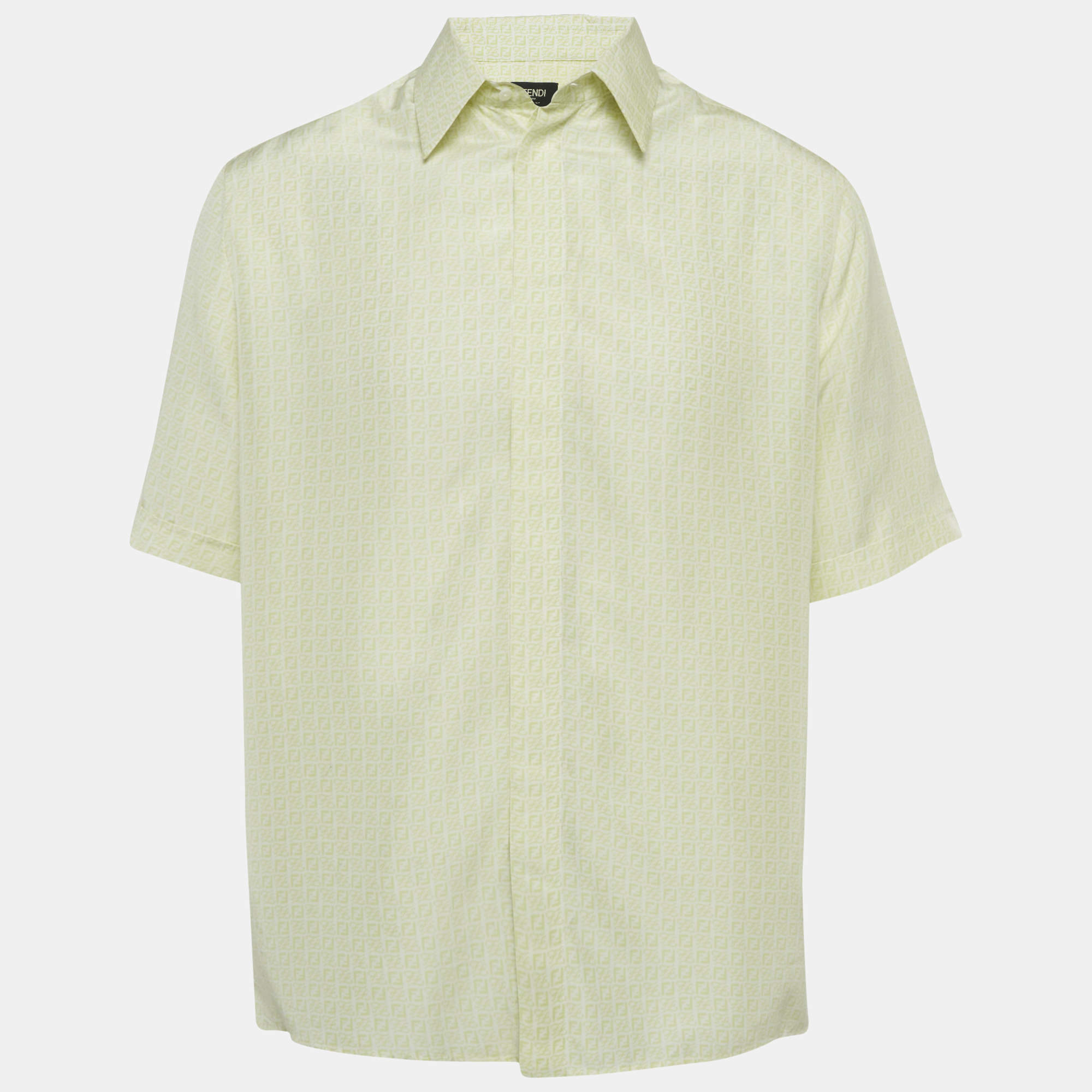 Pre Owned Fendi Green FF Print Silk Short Sleeve Shirt L