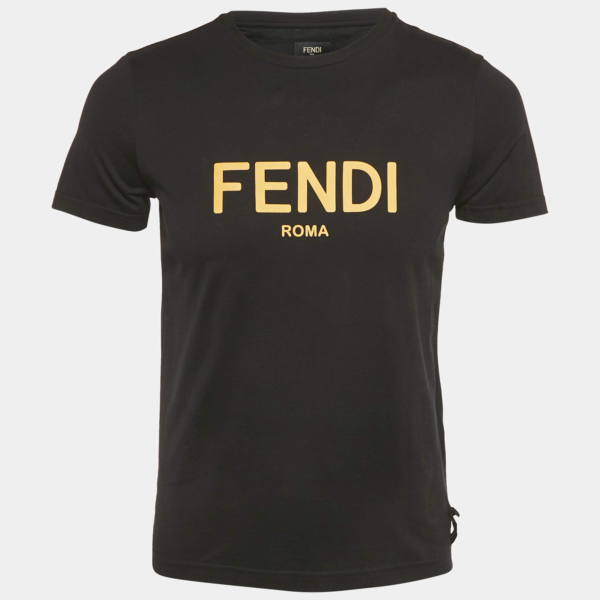 Pre Owned Fendi Black Leather Logo Applique Jersey Crew Neck T-Shirt S