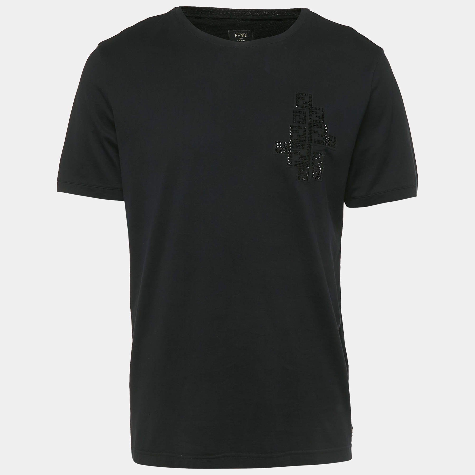 Pre Owned Fendi Black FF Rhinestone Applique Jersey T-Shirt XXL