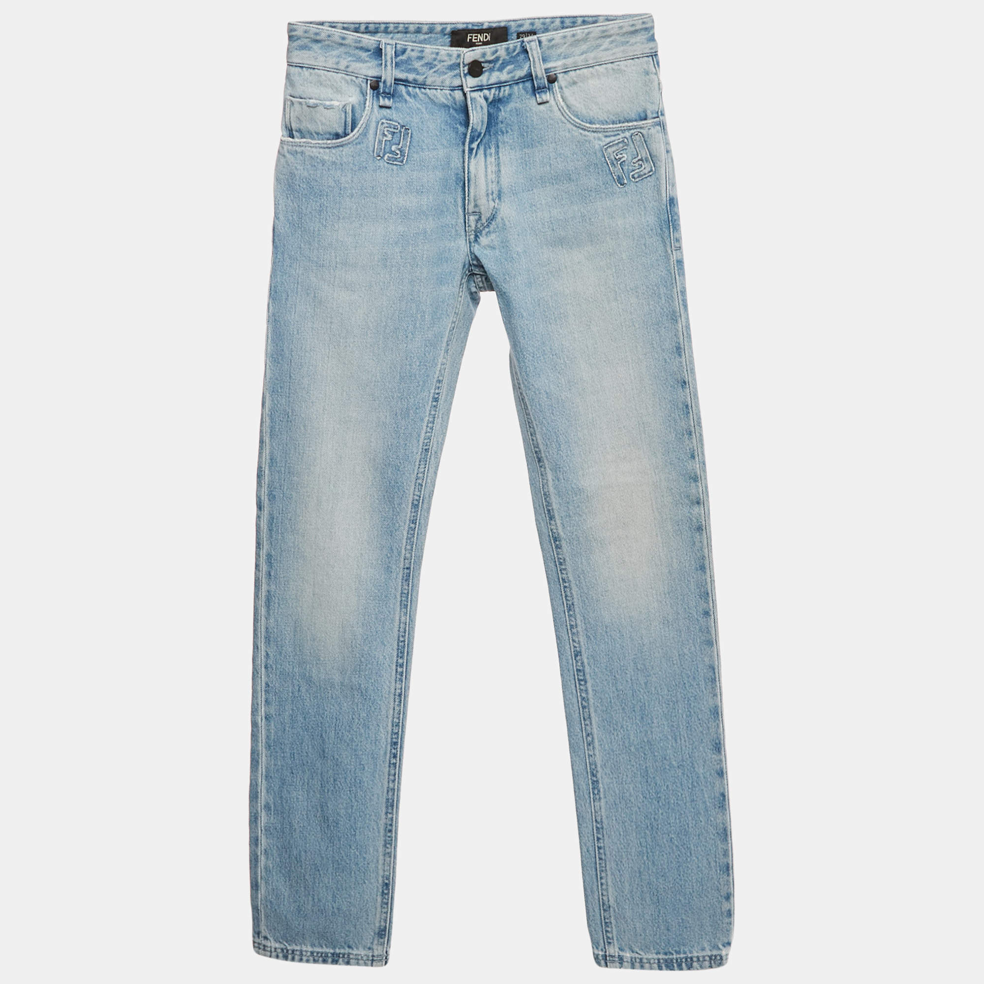 Pre Owned Fendi Blue Zucca Applique Denim Slim Fit Jeans S/Waist 29"