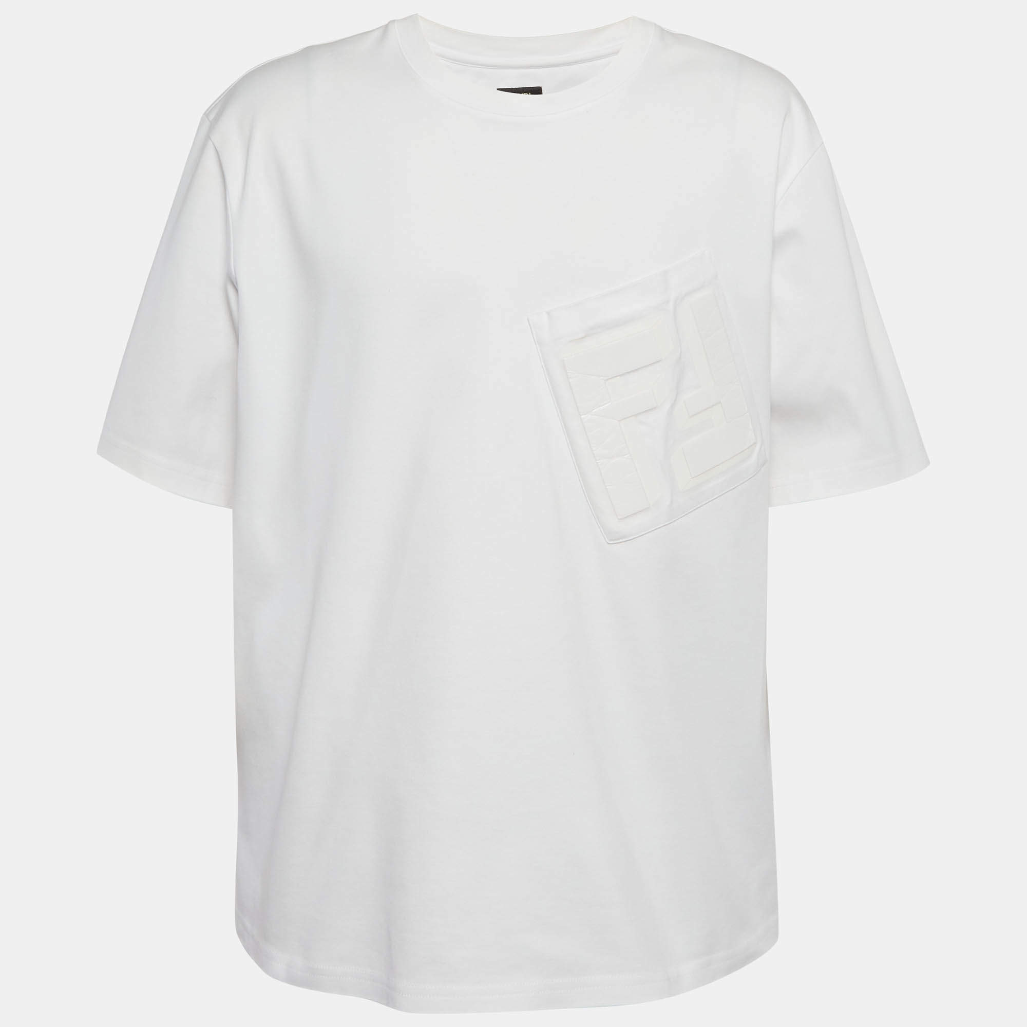 مملوكة مسبقًا تي شيرت فندي أبيض جيرسي بشعار FF مقاس كبير جدًا