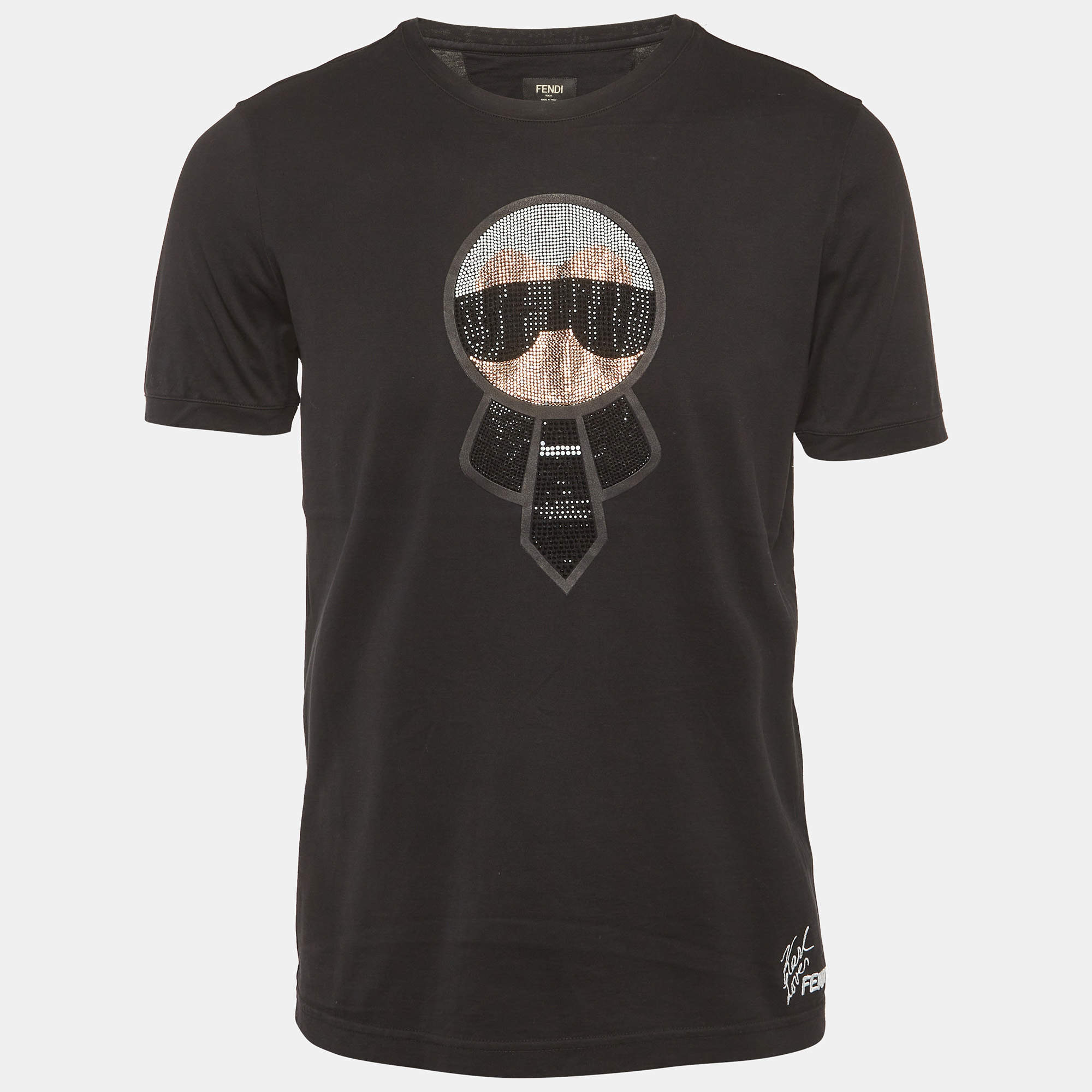 Pre Owned تي شيرت فندي جيرسي مرصع بأحجار الراين أسود مقاس كبير (لارج)