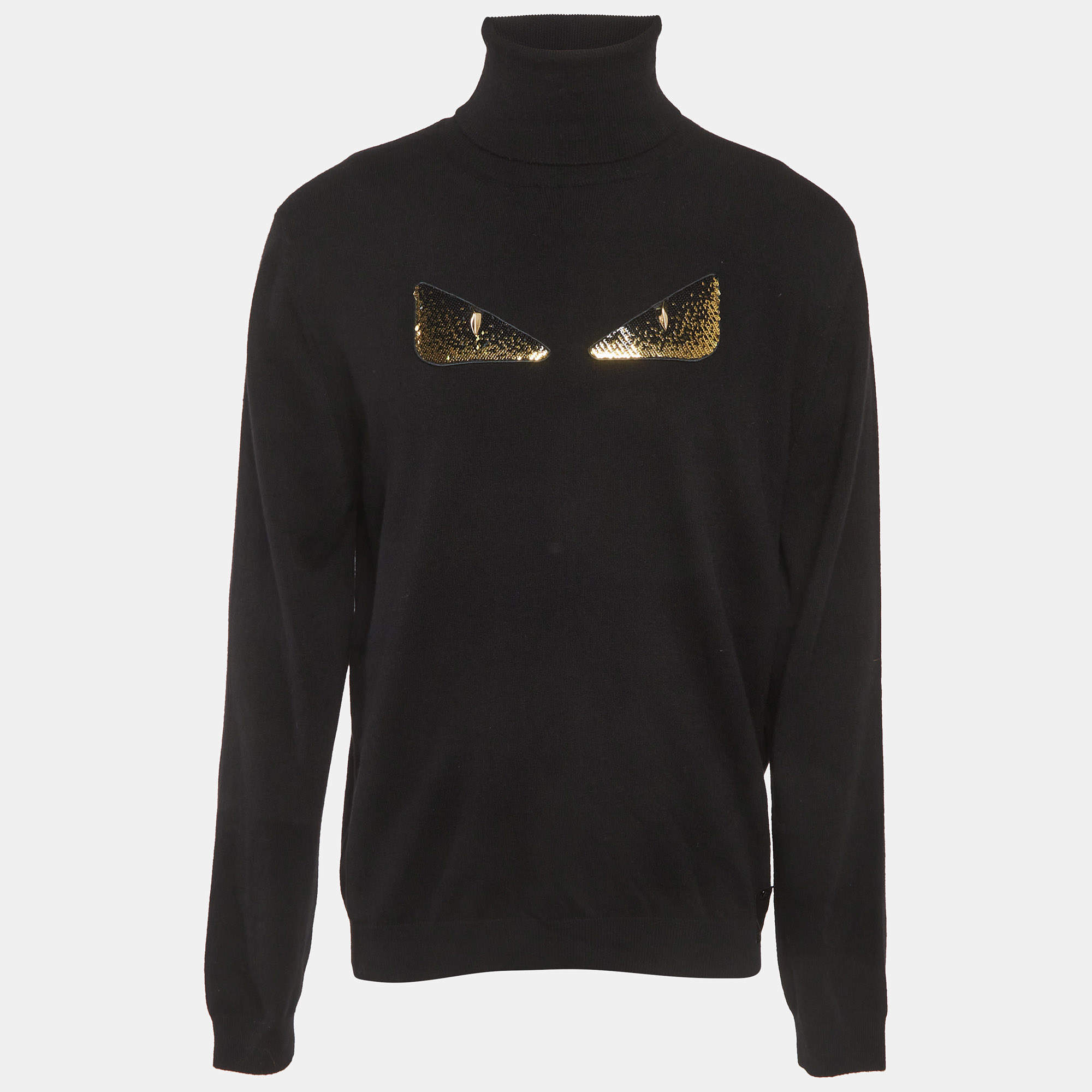 مملوكة مسبقًا بلوفر فندي تريكو كشمير أسود بعيون وحش مطرزات المقاس الكبير جدًا