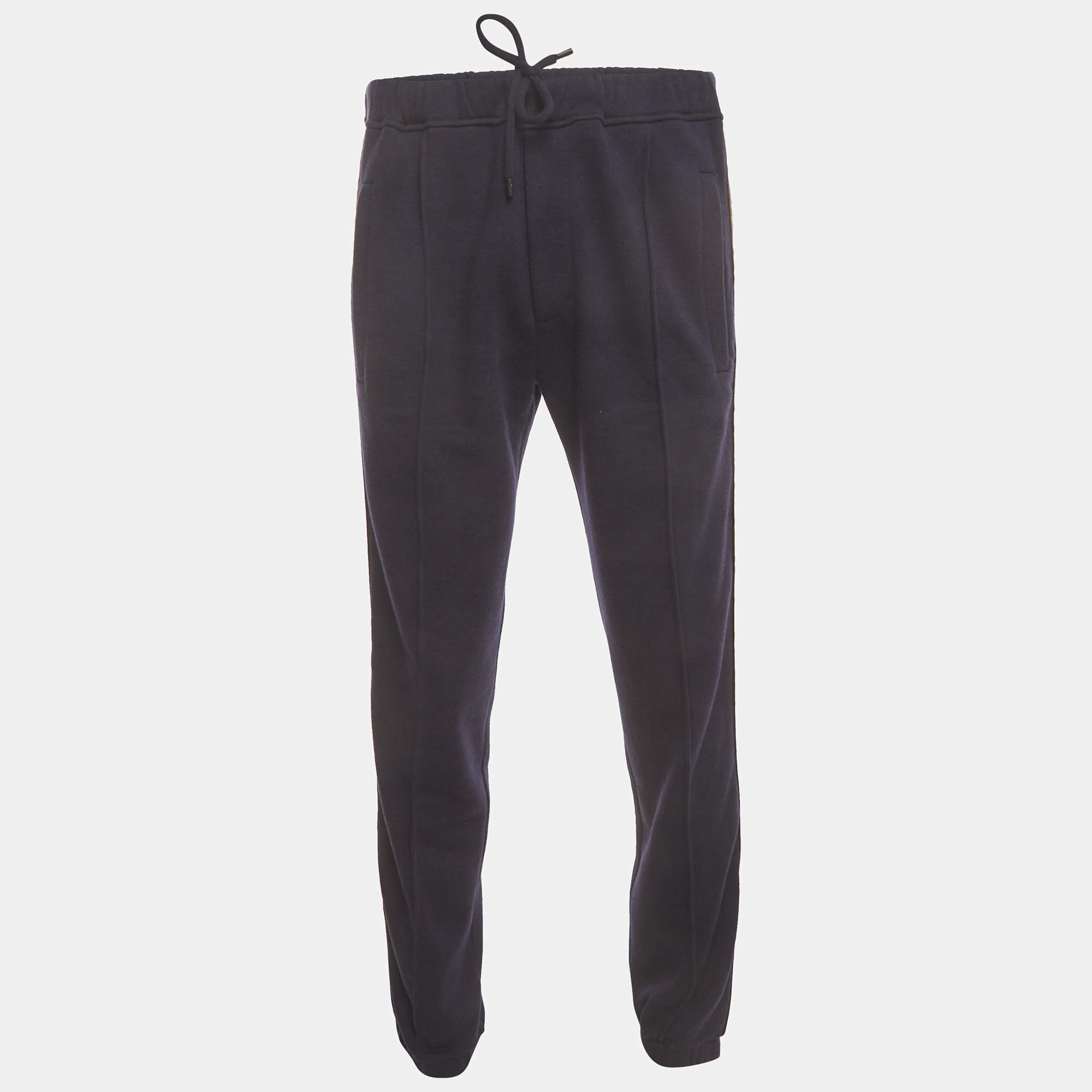 Pre Owned Fendi Navy Blue Zucca Print Jersey Side Stripe Sweatpant M