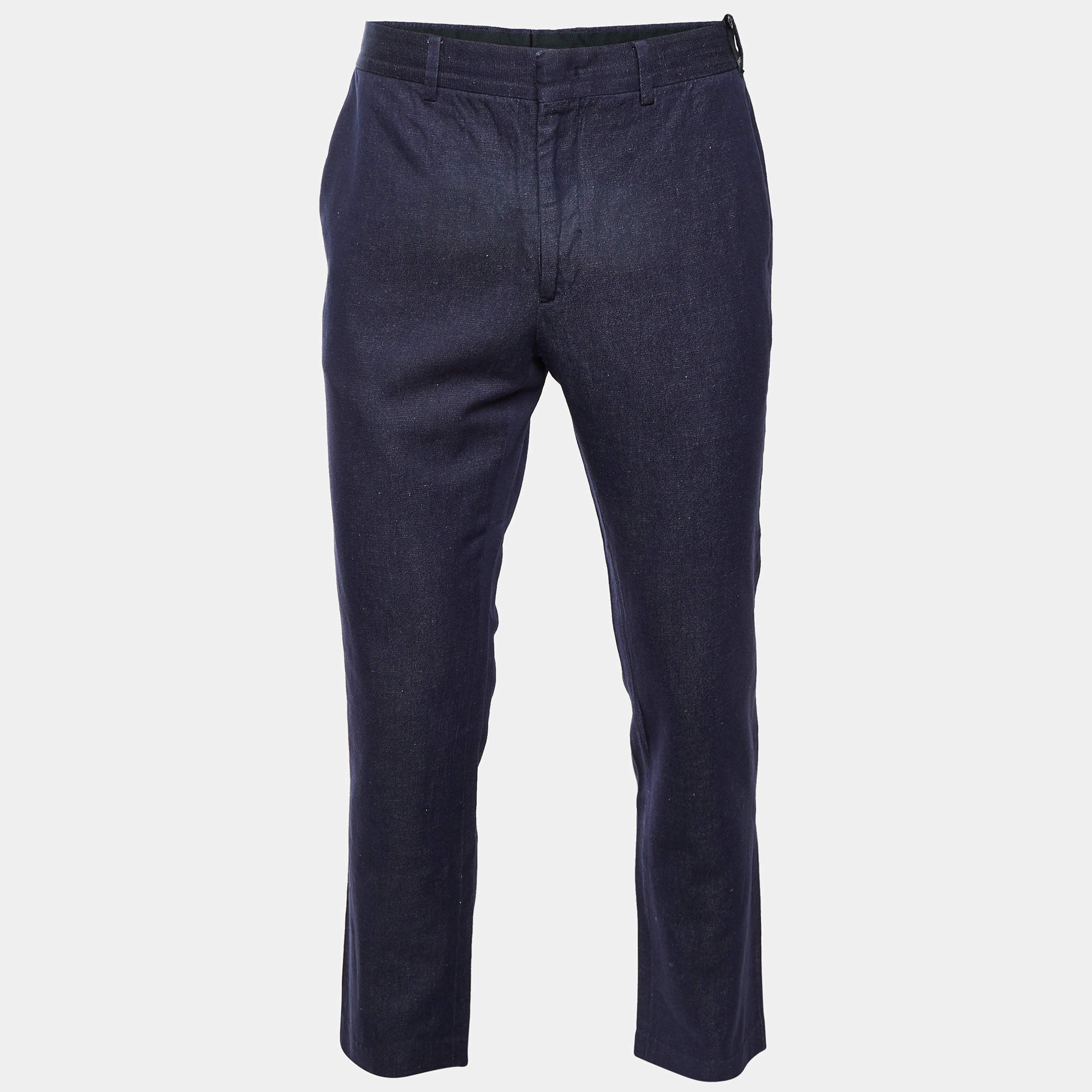 مملوكة مسبقًا Fendi Navy Blue Cotton Linen Blend Regular Fit Trousers M/Waist 33"
