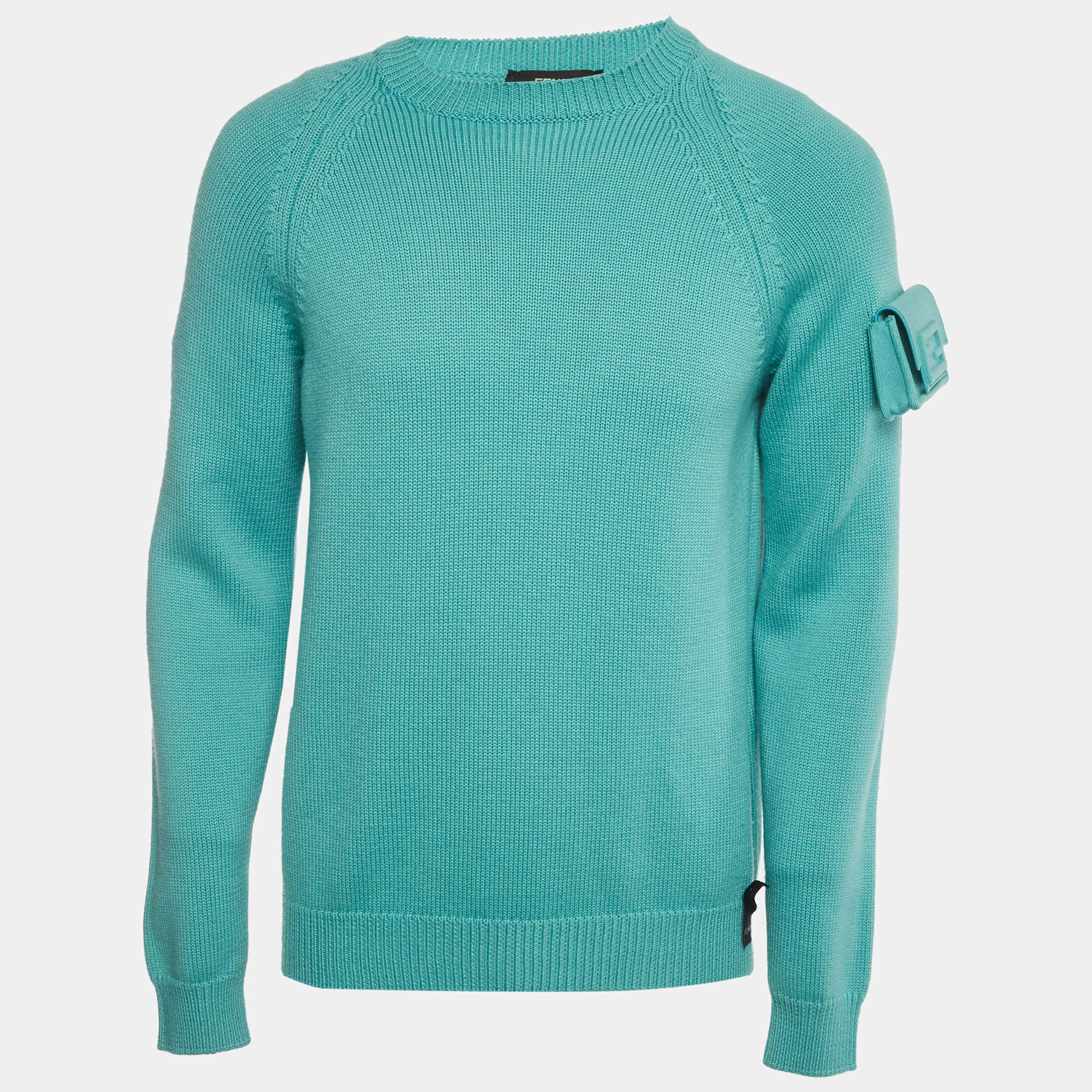 مملوكة مسبقًا Fendi Turquoise Wool Knit Baguette Pocket Crewneck Pullover M