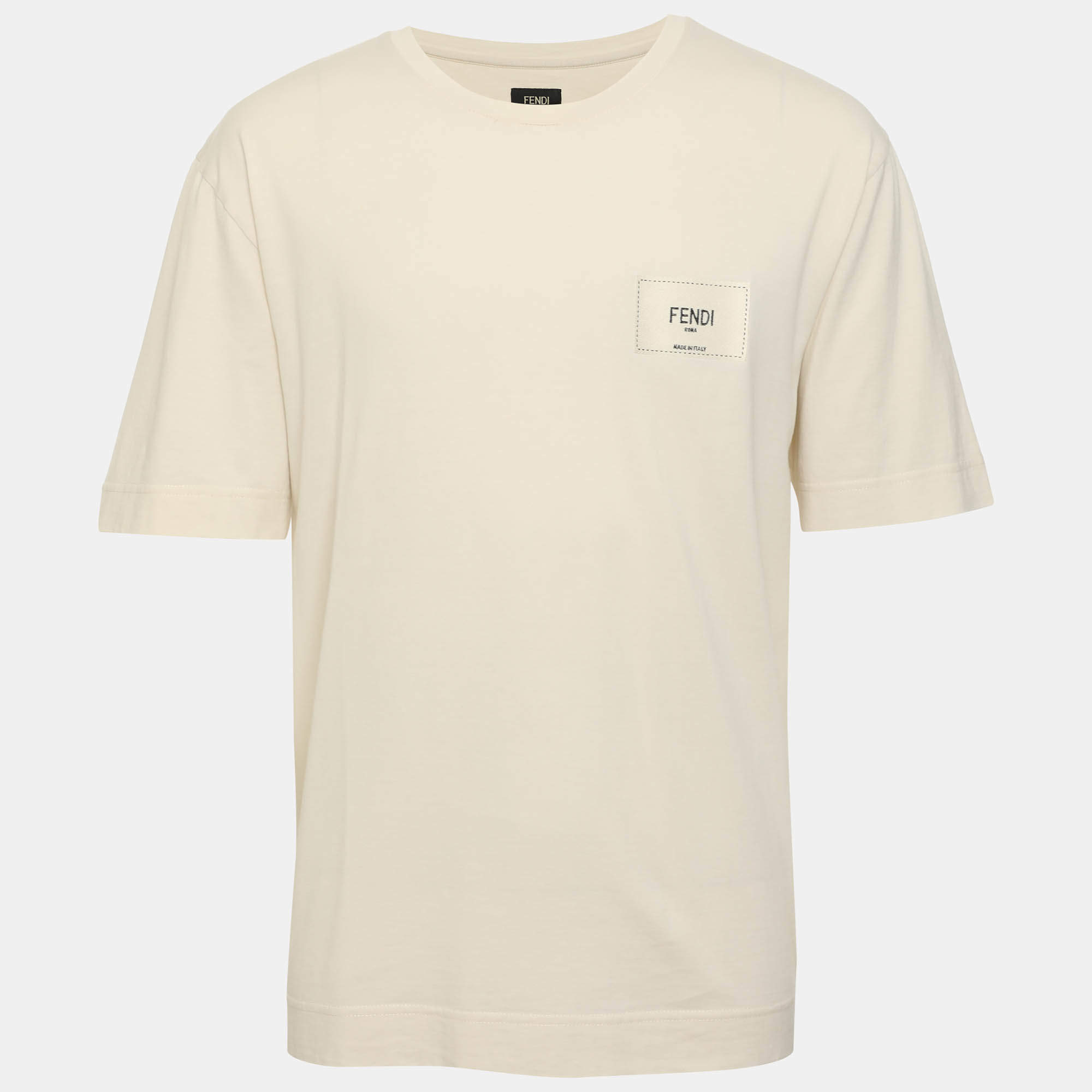 Pre Owned Fendi Beige Cotton Logo Patch Crewneck T-Shirt XL