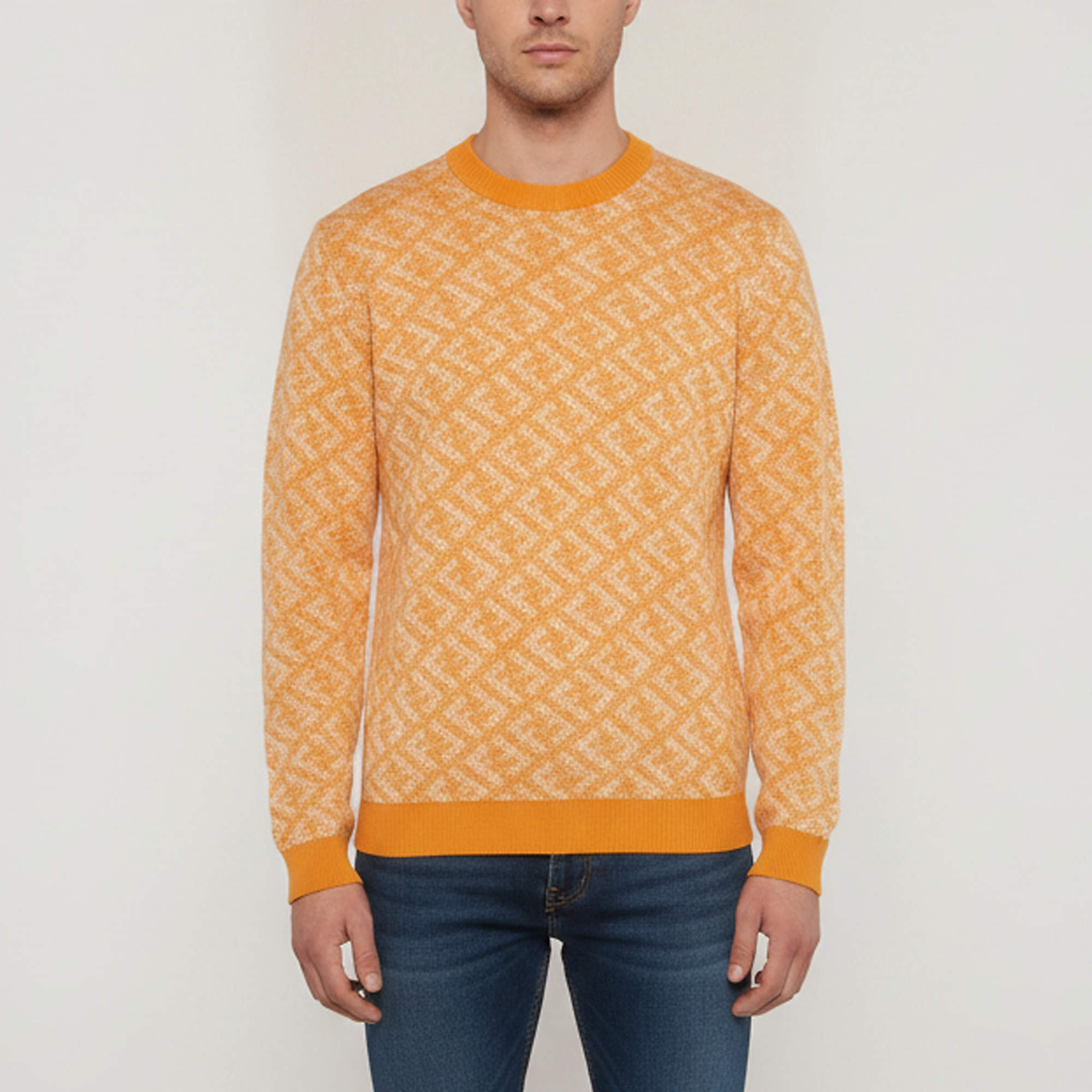 Pre Owned Fendi Orange Zucca Jacquard Knit Crewneck Pullover M