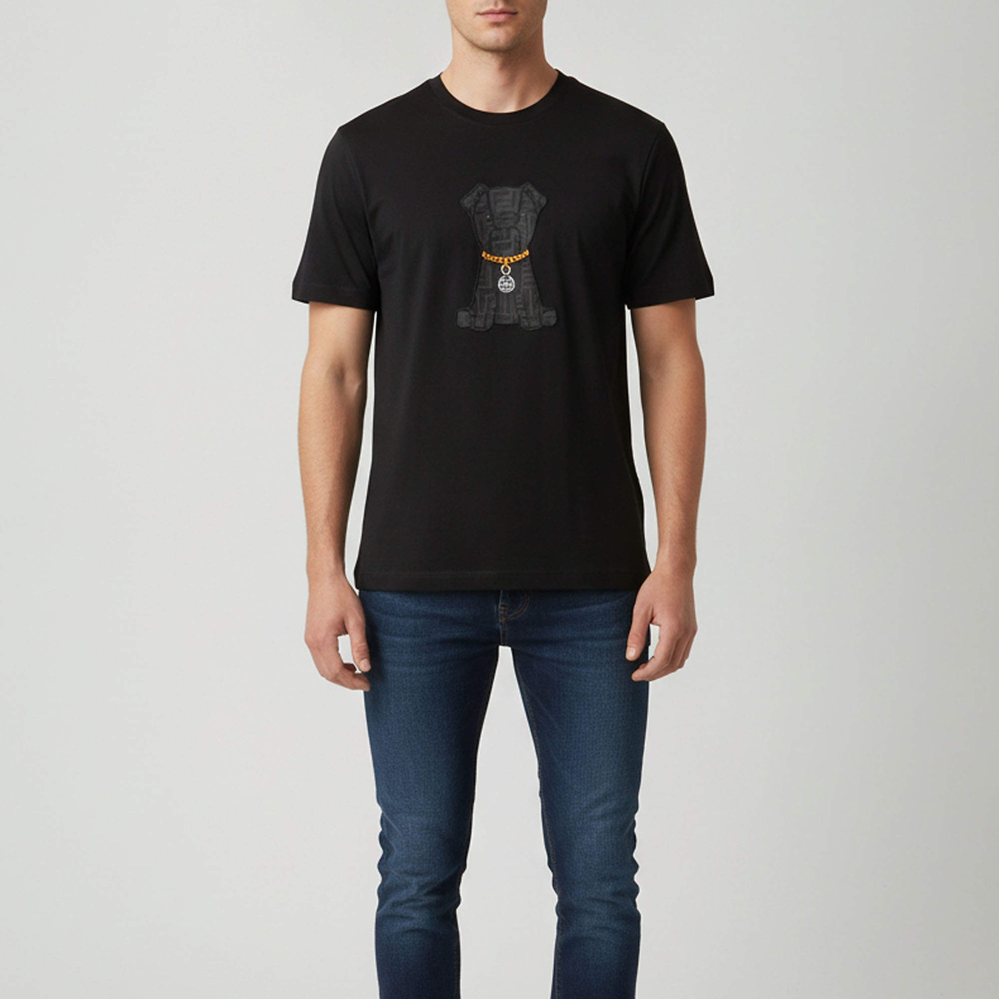 Pre Owned Fendi Black Zucca Dog Appliqué Jersey Crewneck T-Shirt M