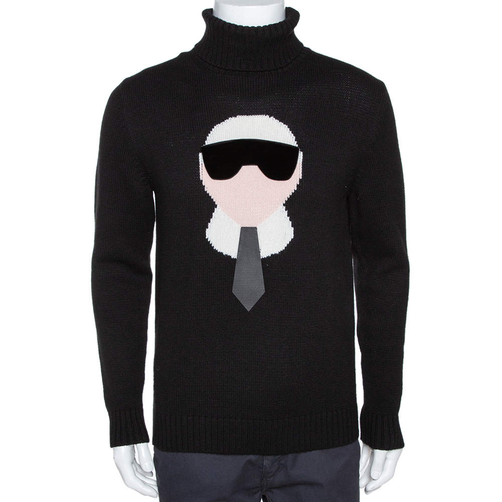 Fendi Black Cashmere Intarsia Knit Karlito Turtleneck Sweater M