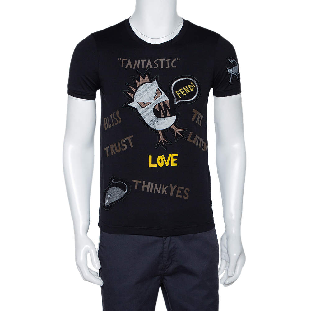 Pre Owned Fendi Black Monster Appliqued Cotton Crew Neck T-Shirt XS