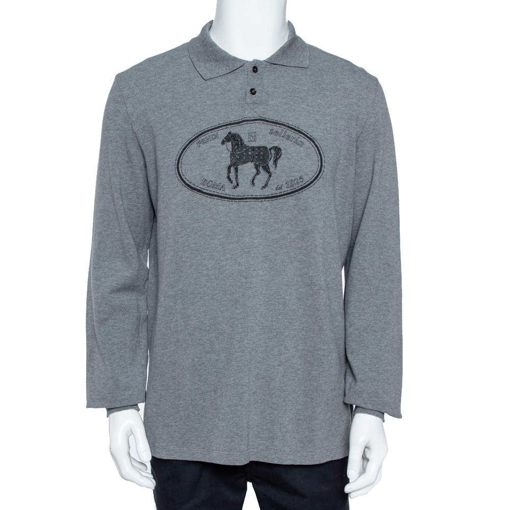 Pre Owned Fendi Grey Cotton Selleria Long Sleeve Polo T-Shirt XXL