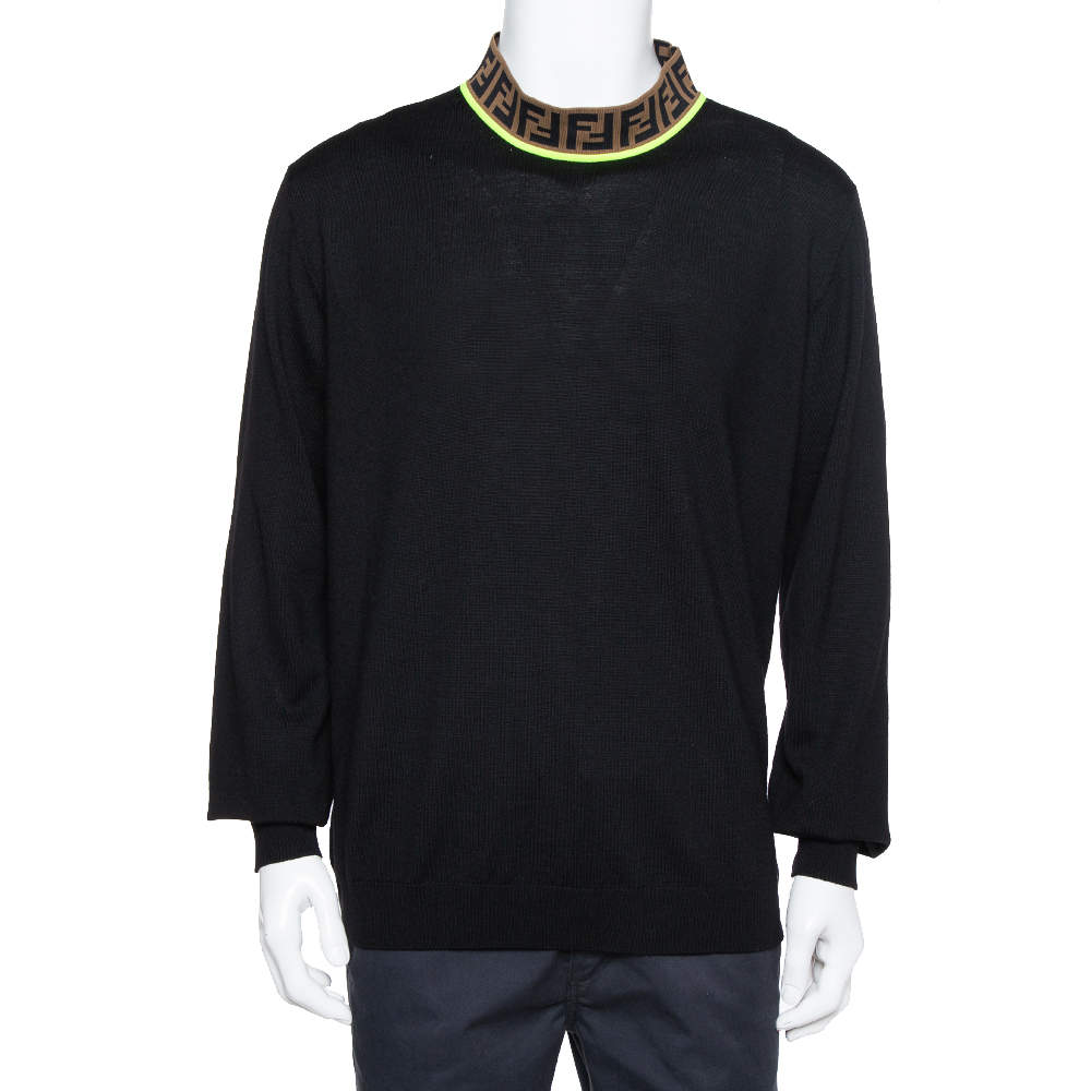 Pre Owned Fendi Black Wool Zucca Logo Collar Detail Jumper 3XL